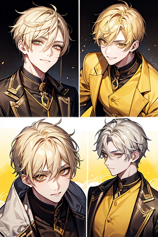 man 1、yellow short hair, long yellow eyelashes、yellow eyebrows、Handsome man with expressive eyes, Smiling, Yellow eyes、细致背景、Idol singer