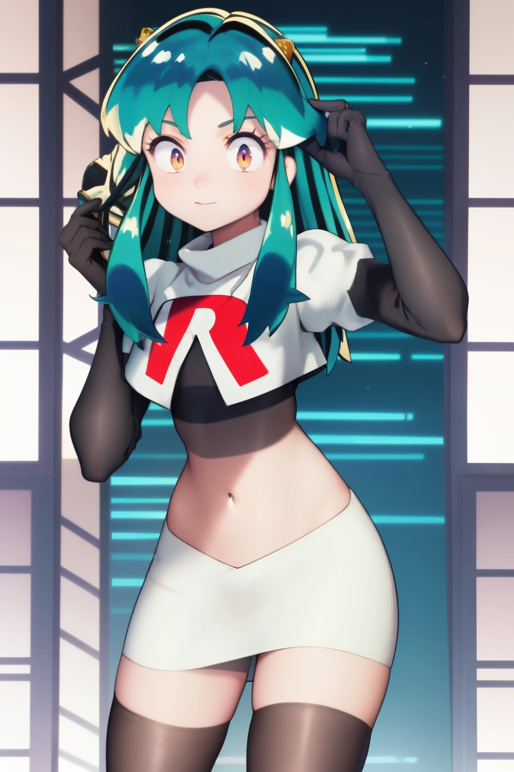 (One lady)、(​masterpiece)、(best qualtiy)、(ultra-detailliert)、(a high chroma)、(CG Illustration)、highcontrast、urusei yatsura、Ram-chan、red blush、[Demon horn:-1.3]、(Fine and beautiful eyes)、Delicate beautiful face、Ram hairstyle、((dishevled hair))、Holding a Japan sword,team rocket,team rocket uniform,white skirt,red letter R,crop top,black thigh-highs,black elbow gloves,