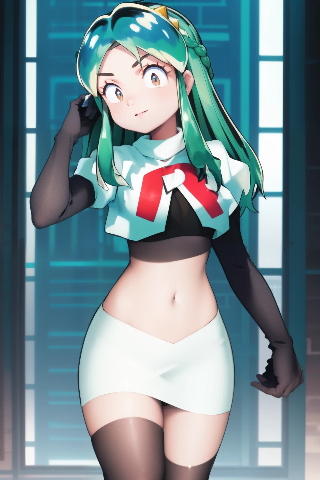pneuma \(xenoblade\), 1girl, absurdres, bangs, breasts, earrings, green eyes, green hair, headpiece, highres, inuisbink, jewelry, large breasts, long hair, ponytail, solo, swept bangs, tiara, very long hair, xenoblade chronicles \(series\), (xenoblade chronicles 2), team rocket,team rocket uniform,white skirt,red letter R,crop top,black thigh-highs,black elbow gloves