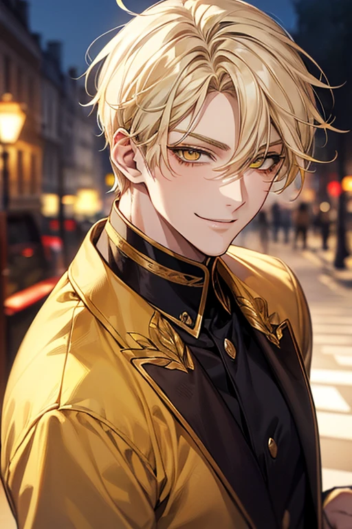 man 1、yellow short hair, long yellow eyelashes、yellow eyebrows、Handsome man with expressive eyes, Smiling, Yellow eyes、细致背景、Paris Collection Model