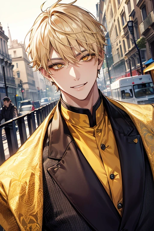 man 1、yellow short hair, long yellow eyelashes、yellow eyebrows、Handsome man with expressive eyes, Smiling, Yellow eyes、细致背景、Paris Collection Model