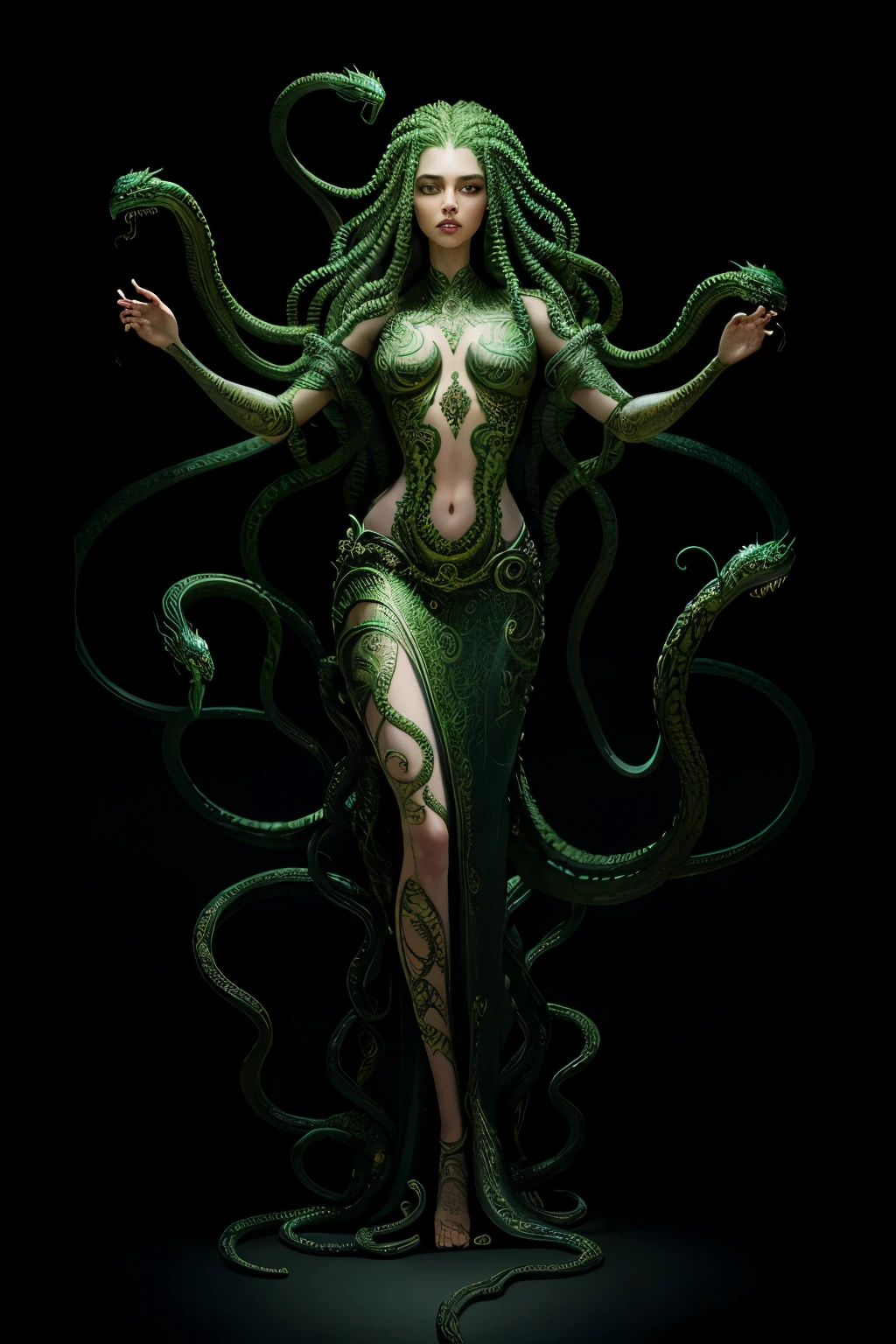 ((best quality)), ((masterpiece)), ((realistic)), Medusa, full body, the hair is composed of countless small snakes, green eyes, female face, metal carved top, royal aura, trend on artstation , sharp focus, studio photo, intricate detail, very detailed, detailed eye, illustration, very detailed, sharp focus, digital render, professional, 4k