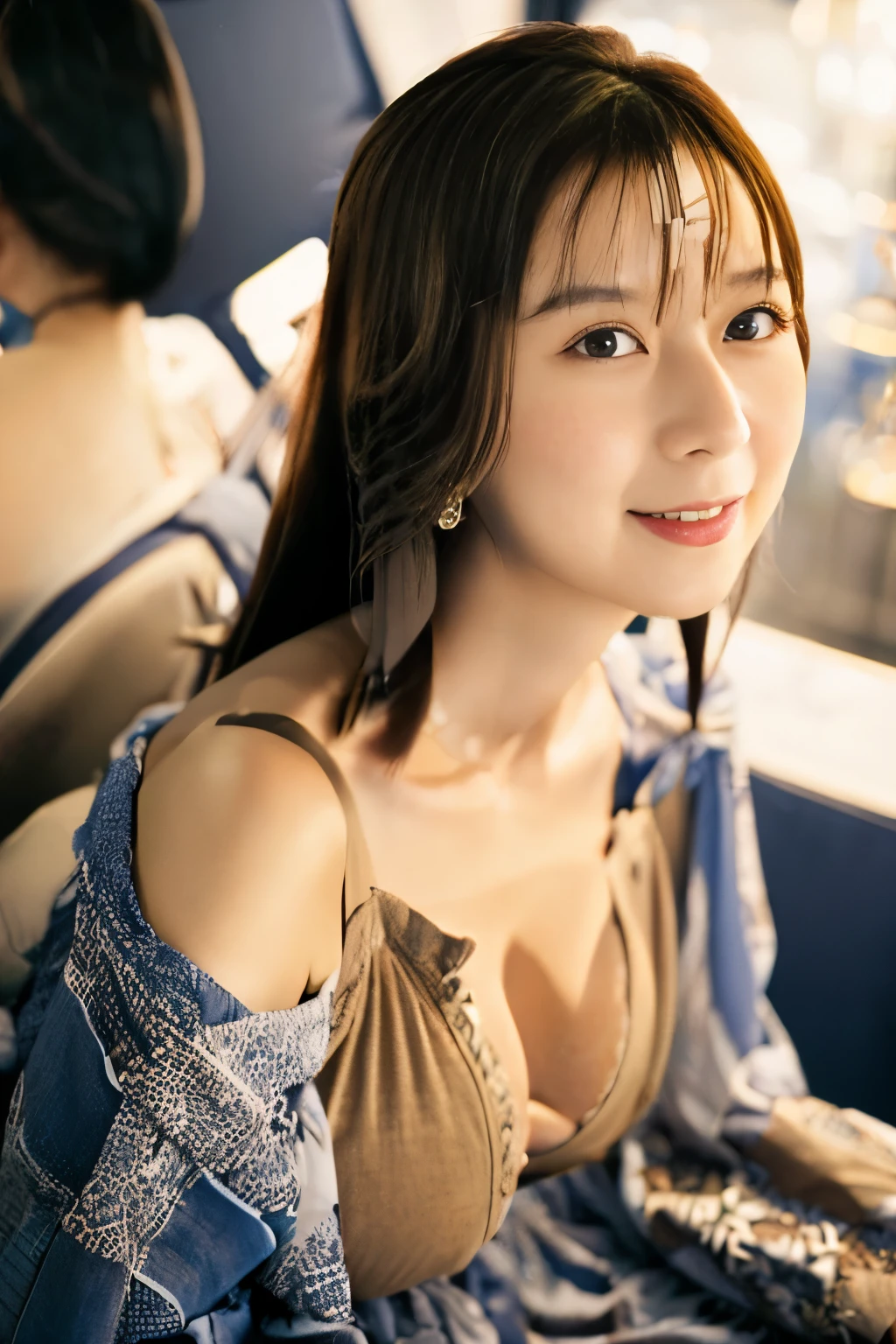 (Best Quality,masutepiece,ultra-detailliert,8K,Raw photo,Realistic,High resolution:1.2),(cute Japanese girls),(Huge boobs:1.4),(light brown hair),(Casual dress:1.4),(Voluptuous:1.2),(lightsmile)