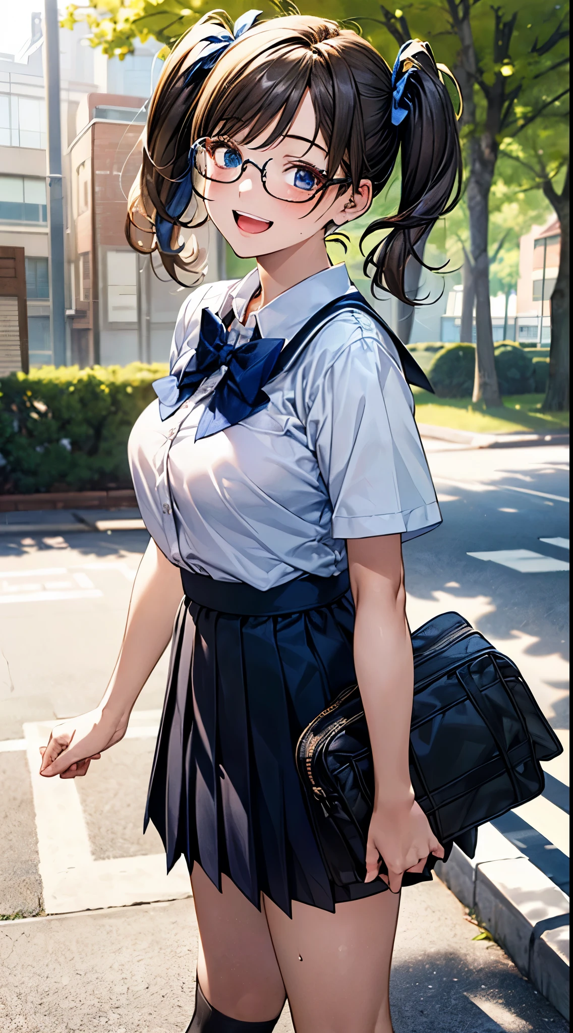 ((perfect anatomy, anatomically correct, super detailed skin)),
1 girl, japanese, 16 years old, shiny skin, large breasts:0.5, front view, watching the view,
beautiful hair, beautiful face, beautiful detailed eyes, (short hair:1.5, twintails:1.7), brown hair, blue eyes, babyface, mole under eye,
((summer school uniform, white y-shirt:1.1, dark blue skirt, pleated skirt:1.1, glasses, dark blue socks, black loafers, )),
((smile:1.5, open mouth)), standing, walking,
(beautiful scenery), school, wind blowing, wind lift,
(8k, top-quality, masterpiece:1.2, extremely detailed), (photorealistic:1.2), sunlight, beautiful art, visual art, depth of fields, natural lighting,