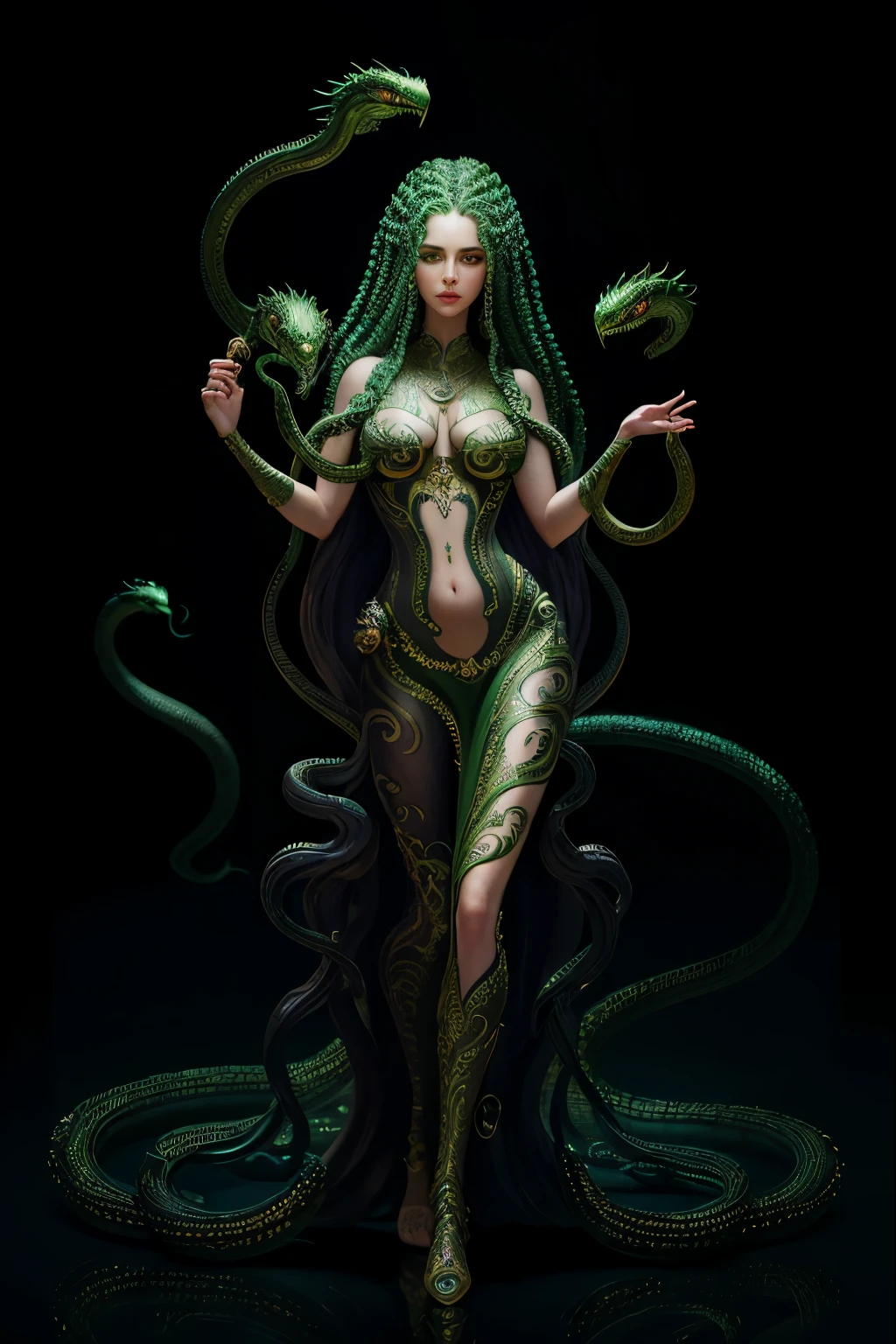 ((best quality)), ((masterpiece)), ((realistic)), Medusa, full body, the hair is composed of countless small snakes, green eyes, female face, metal carved top, royal aura, trend on artstation , sharp focus, studio photo, intricate detail, very detailed, detailed eye, illustration, very detailed, sharp focus, digital render, professional, 4k