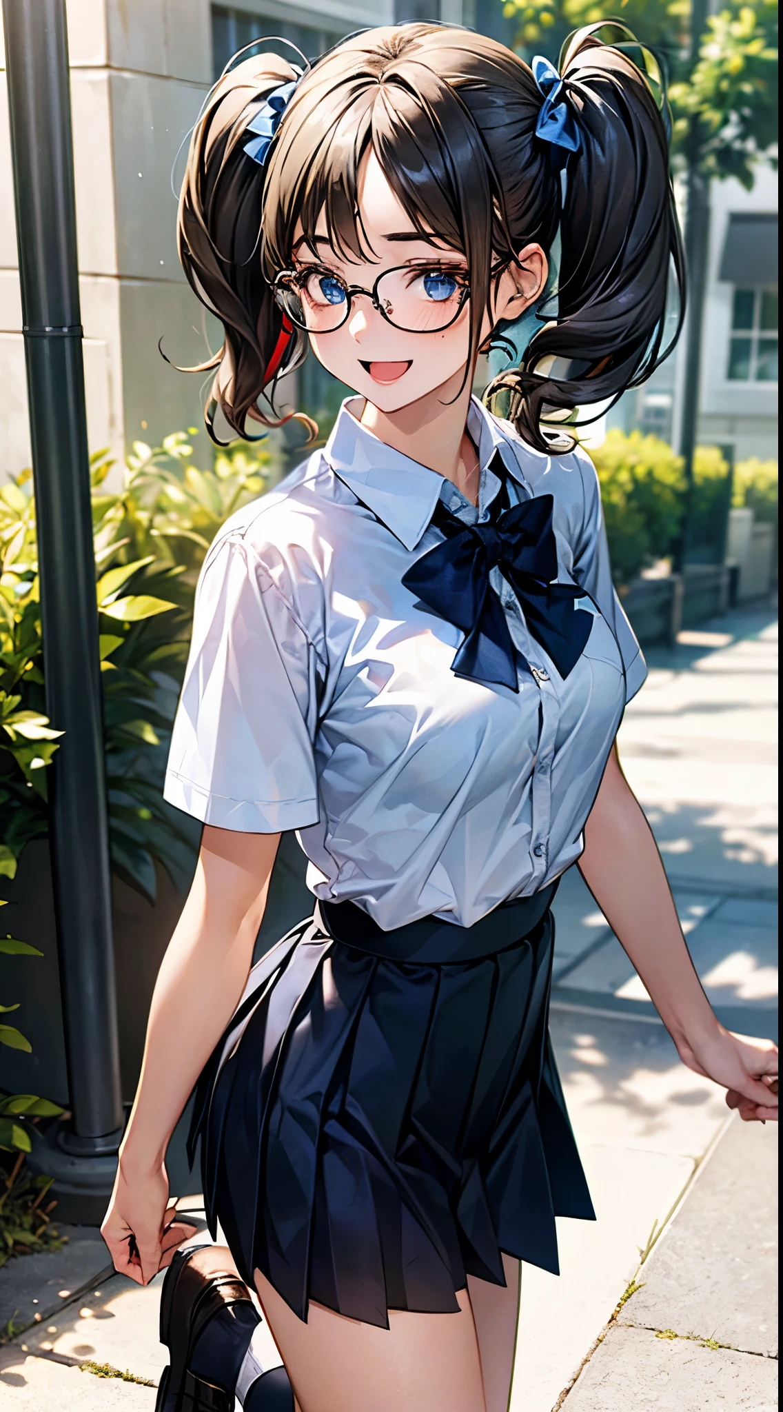 ((perfect anatomy, anatomically correct, super detailed skin)), 
1 girl, japanese, 16 years old, shiny skin, large breasts:0.5, front view, watching the view, 
beautiful hair, beautiful face, beautiful detailed eyes, (short hair:1.5, twintails:1.7), brown hair, blue eyes, babyface, mole under eye, 
((summer school uniform, white y-shirt:1.1, dark blue skirt, pleated skirt:1.1, glasses, dark blue socks, black loafers, )), 
((smile:1.5, open mouth)), standing, walking, 
(beautiful scenery), school, wind blowing, wind lift, 
(8k, top-quality, masterpiece​:1.2, extremely detailed), (photorealistic:1.2), sunlight, beautiful art, visual art, depth of fields, natural lighting,