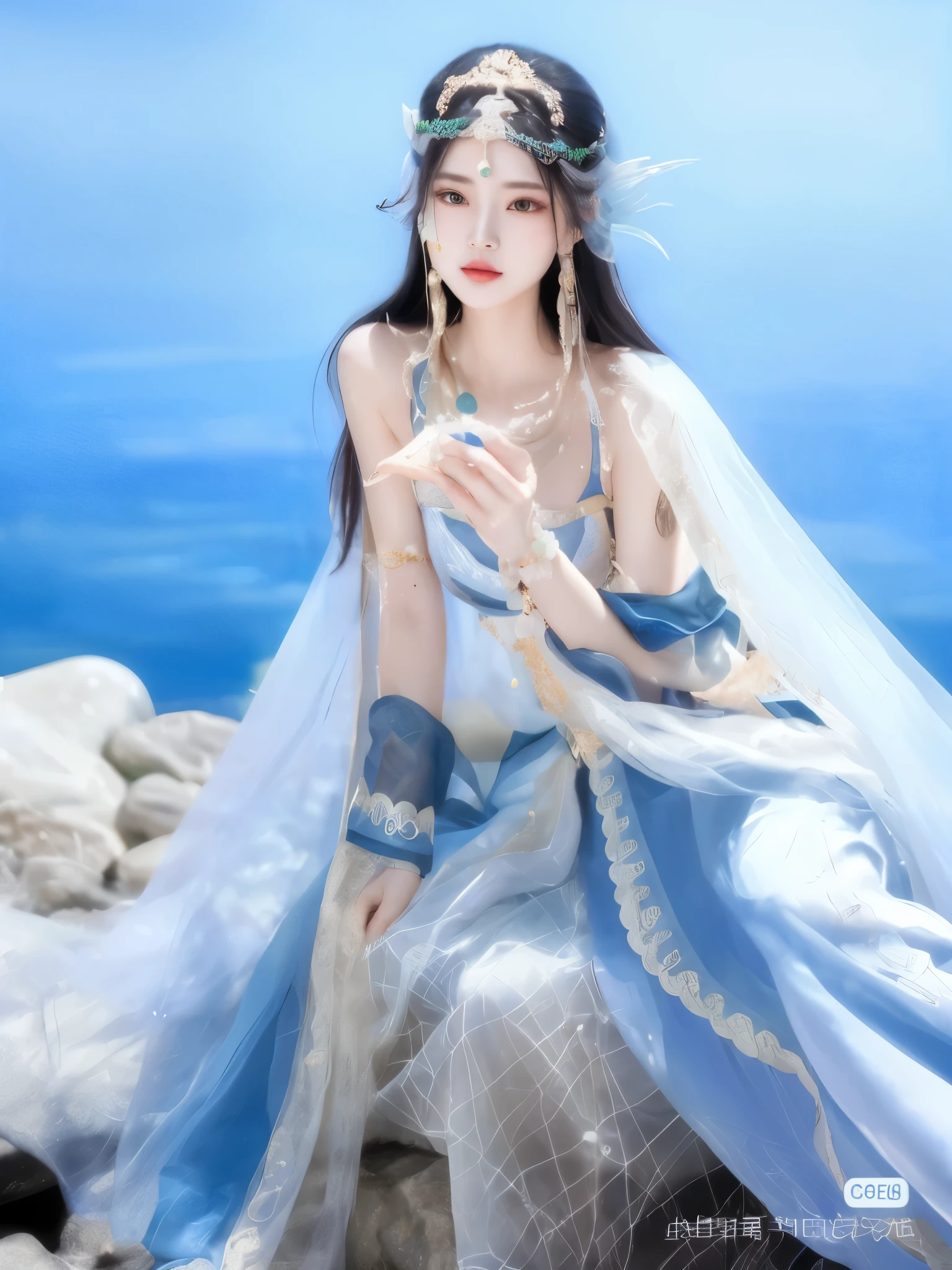 A woman in a blue dress sits on a rock, EtherealBeauty, beautiful fantasy empress, Queen of the Sea Mu Yanling, ((beautiful fantasy empress)), xianxia fantasy, Ethereal fantasy, full body xianxia, white hanfu, extremely beautiful and ethereal, Amazing young and ethereal figure, 宮 , A girl in Hanfu