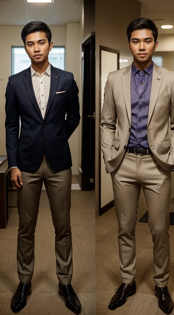 A malay slim young handsome boy in a suit. Pictures split in 4. Two close up, one half body and one full body,for commercial card