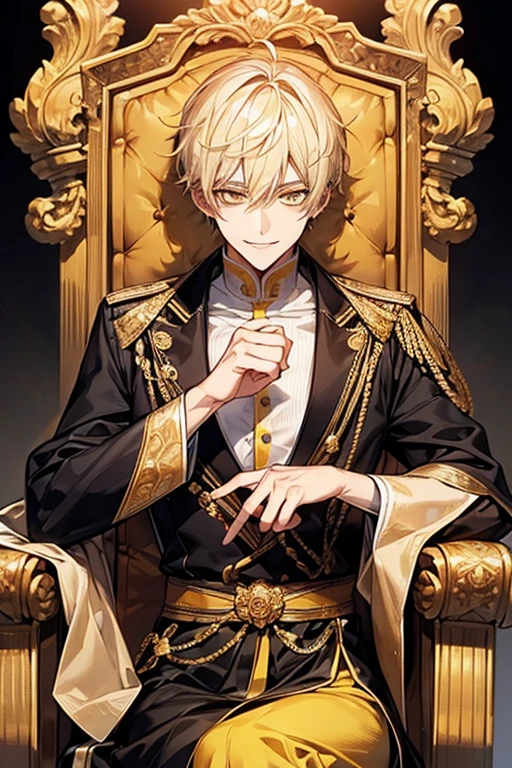 man 1、yellow short hair, long yellow eyelashes、yellow eyebrows、Handsome man with expressive eyes, Smiling, Yellow eyes、细致背景、sitting in a throne