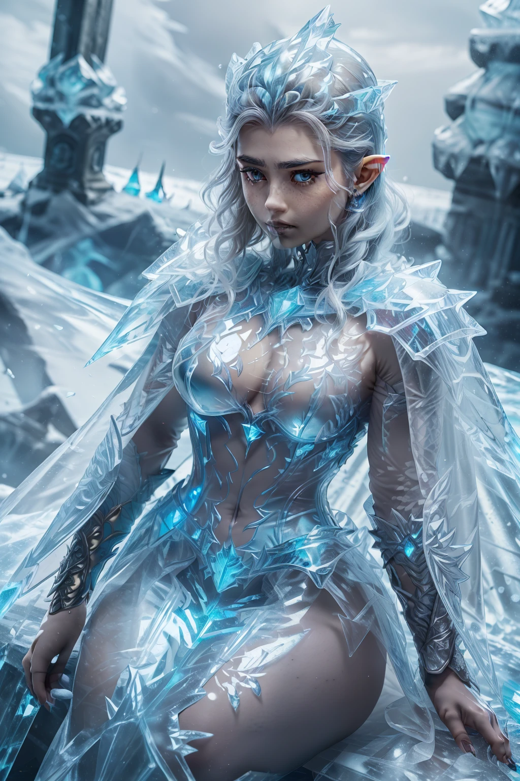 Fantasy, medieval, facing camera, ((best quality)), ((masterpiece)), (detailed), perfect face, perfect body, beautiful sexy elf, sitting, long white hair, big eyes, blue eyes, black eyeliner, hourglass figure, freckles, outdoors, ice castle, crown of ice on head, corset, see-through, iridescent, glass armor, flowing cape