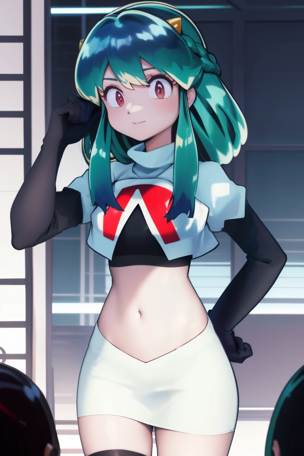 (One lady)、(​masterpiece)、(best qualtiy)、(ultra-detailliert)、(a high chroma)、(CG Illustration)、highcontrast、urusei yatsura、Ram-chan、red blush、[Demon horn:-1.3]、(Fine and beautiful eyes)、Delicate beautiful face、Ram hairstyle、((dishevled hair)),team rocket,team rocket uniform,white skirt,red letter R,crop top,black thigh-highs,black elbow gloves,