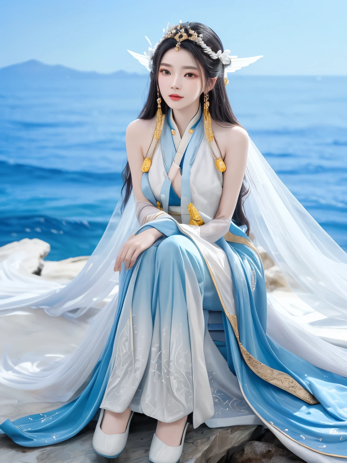 A woman in a blue dress sits on a rock, EtherealBeauty, beautiful fantasy empress, Queen of the Sea Mu Yanling, ((beautiful fantasy empress)), xianxia fantasy, Ethereal fantasy, full body xianxia, white hanfu, extremely beautiful and ethereal, Amazing young ethereal figure, 宮 ， A girl in Hanfu