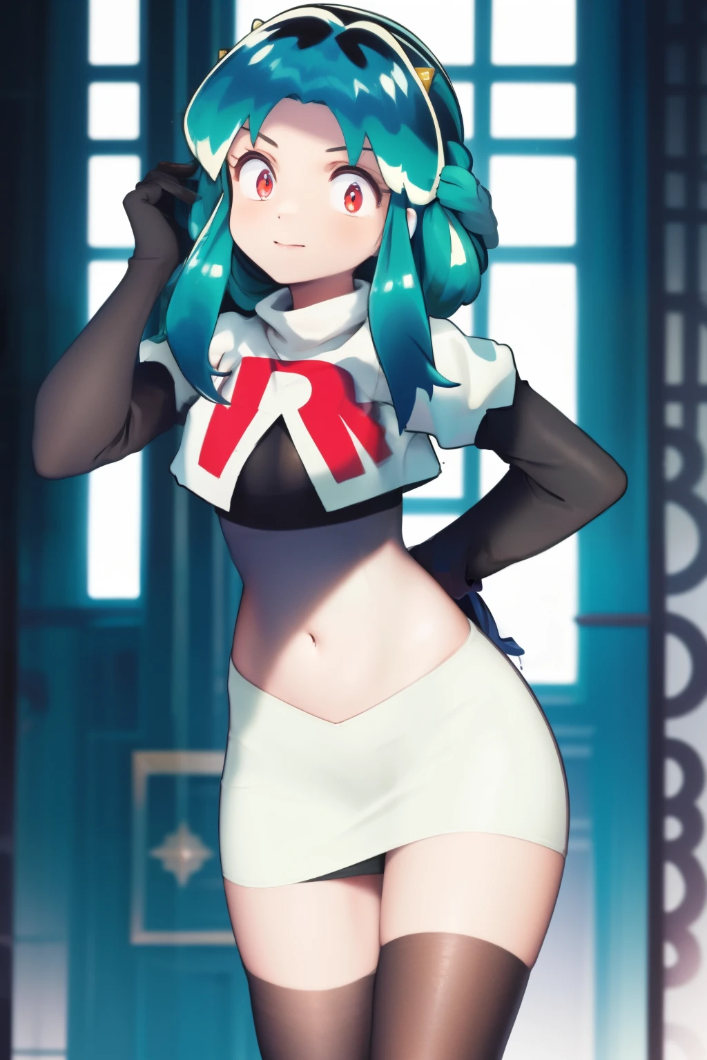 (One lady)、(​masterpiece)、(best qualtiy)、(ultra-detailliert)、(a high chroma)、(CG Illustration)、highcontrast、urusei yatsura、Ram-chan、red blush、[Demon horn:-1.3]、(Fine and beautiful eyes)、Delicate beautiful face、Ram hairstyle、((dishevled hair)),team rocket,team rocket uniform,white skirt,red letter R,crop top,black thigh-highs,black elbow gloves,