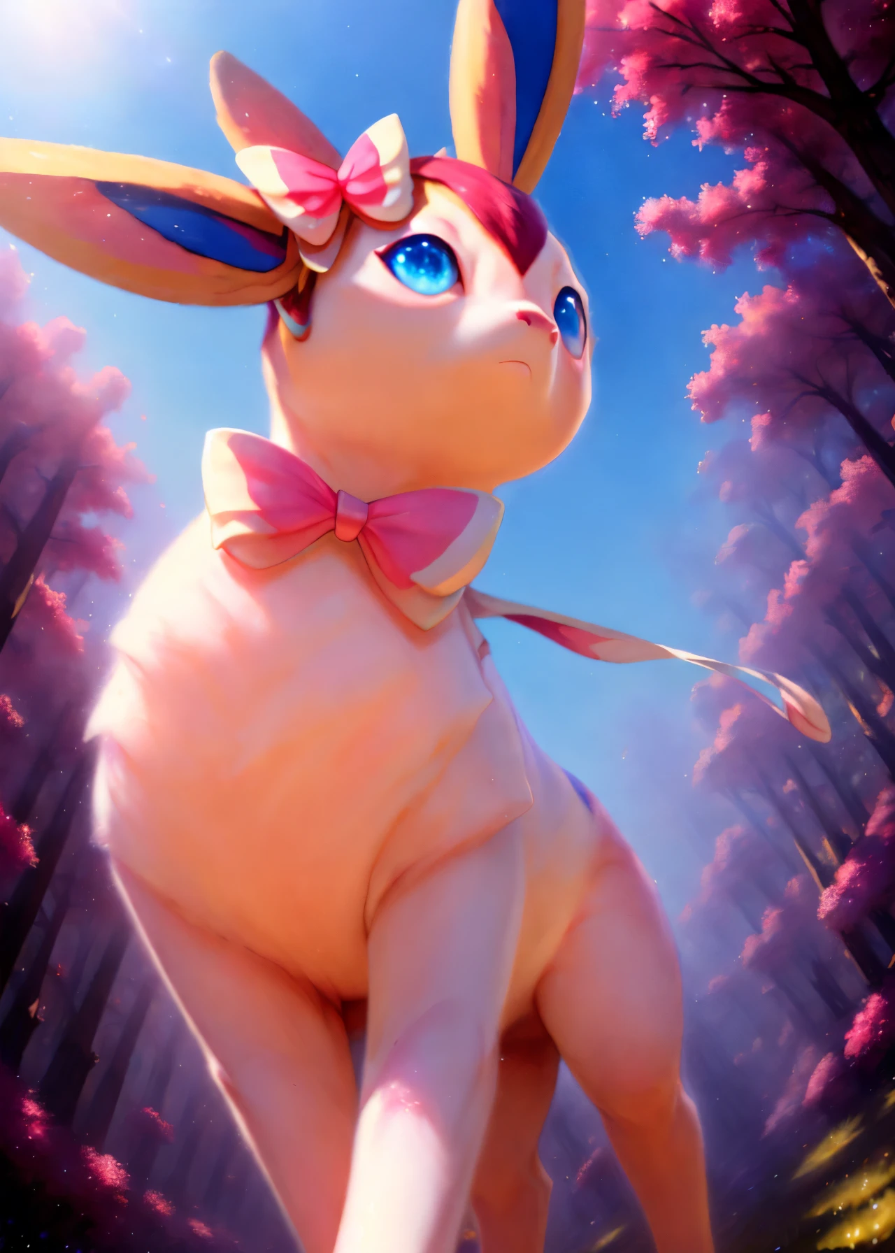 uploaded on e621, ((Mike Mignola, Lois Van Barr, By Alphonse Mucha, Simon Starenhug)), Chibi only (quadruped feral:1.4) ((sylveon)) with ((white And pink And blue body)) And (Pink hair, pink And white bow ribbon) And ((Clear sky blue eyes)), (detailed sylveon), ((detailed fluffy fur)), (half-length portrait, Looking at Viewer, three quarter view, [low-angle view]:1.2), BREAK, (Detailed background, depth of fields, half body shadow, Sunlight, ambient light on the body), (Convoluted:0.7), (high detailing:1.2), (Unreal Engine:1.3), (Sharp Focus:1.1), [explict content, questionable content], (masutepiece, Best Quality, 4K, 2 k, Shaded, absurd res)