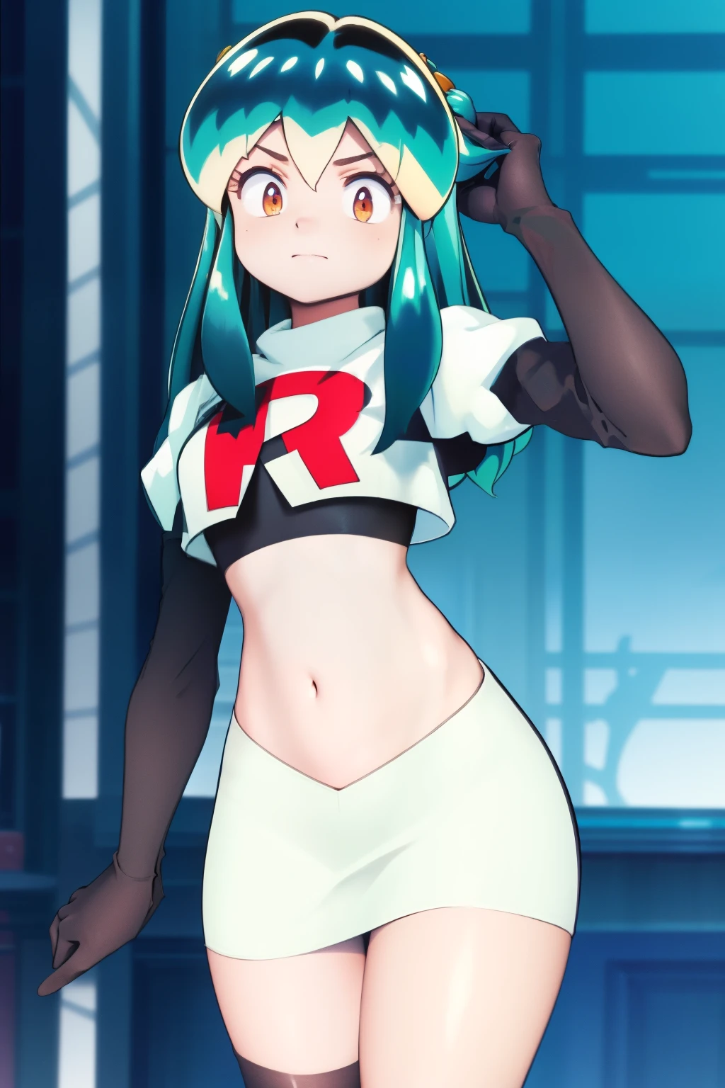 (One lady)、(​masterpiece)、(best qualtiy)、(ultra-detailliert)、(a high chroma)、(CG Illustration)、highcontrast、urusei yatsura、Ram-chan、red blush、[Demon horn:-1.3]、(Fine and beautiful eyes)、Delicate beautiful face、Ram hairstyle、((dishevled hair)),team rocket,team rocket uniform,white skirt,red letter R,crop top,black thigh-highs,black elbow gloves, cowboy shot