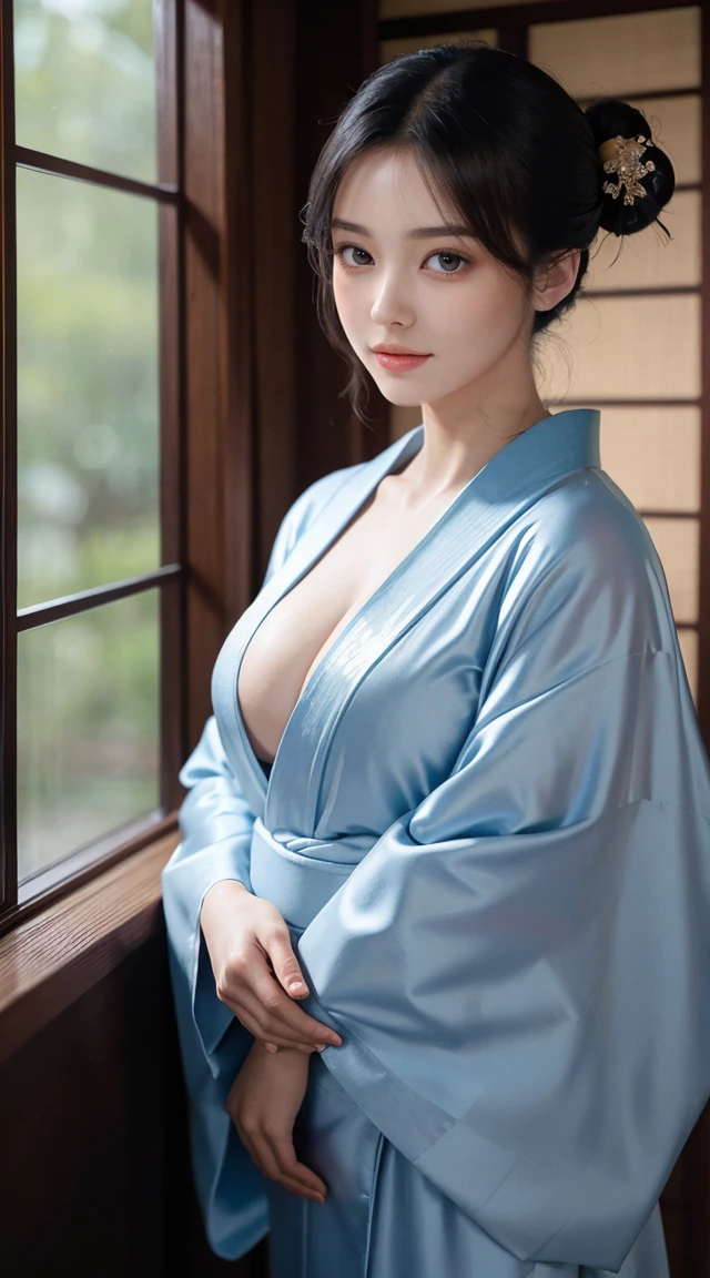 8K, RAW Photos, Best Quality, masutepiece: 1.2),(best qualtiy,8K, yes,32K,masutepiece,hyper HD:1.2) , 40 years old, large cleavage, Thin abs, huge tit, araffe asian woman in Kimono dress posing for a picture, classy bathrobe, in Kimono, in a Kimono, Kimono, classic Kimono, japanese Kimono, goddess of Japan, wearing Kimono, wearing a Kimono, wearing robe, bathrobe, wearing a light blue silk robe, pale and coloured Kimono, komono, long beautiful flowing Kimono, wearing robe