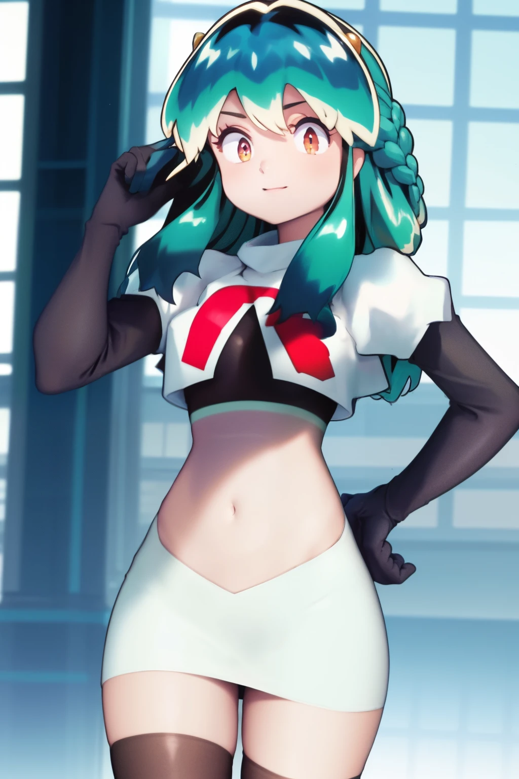 (One lady)、(​masterpiece)、(best qualtiy)、(ultra-detailliert)、(a high chroma)、(CG Illustration)、highcontrast、urusei yatsura、Ram-chan、red blush、[Demon horn:-1.3]、(Fine and beautiful eyes)、Delicate beautiful face、Ram hairstyle、((dishevled hair)),team rocket,team rocket uniform,white skirt,red letter R,crop top,black thigh-highs,black elbow gloves, cowboy shot