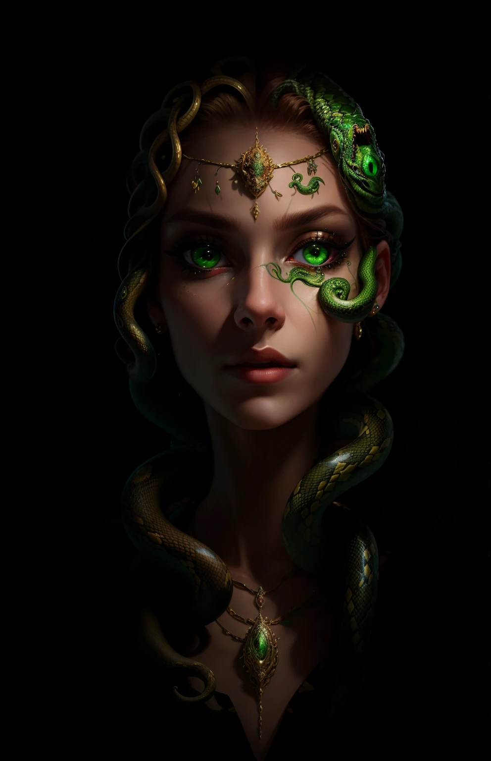 ((best quality)), ((masterpiece)), ((realistic)), Medusa, full body, the hair is composed of countless small snakes, green eyes, female face, metal carved top, royal aura, trend on artstation , sharp focus, studio photo, intricate detail, very detailed, detailed eye, illustration, very detailed, sharp focus, digital render, professional, 4k