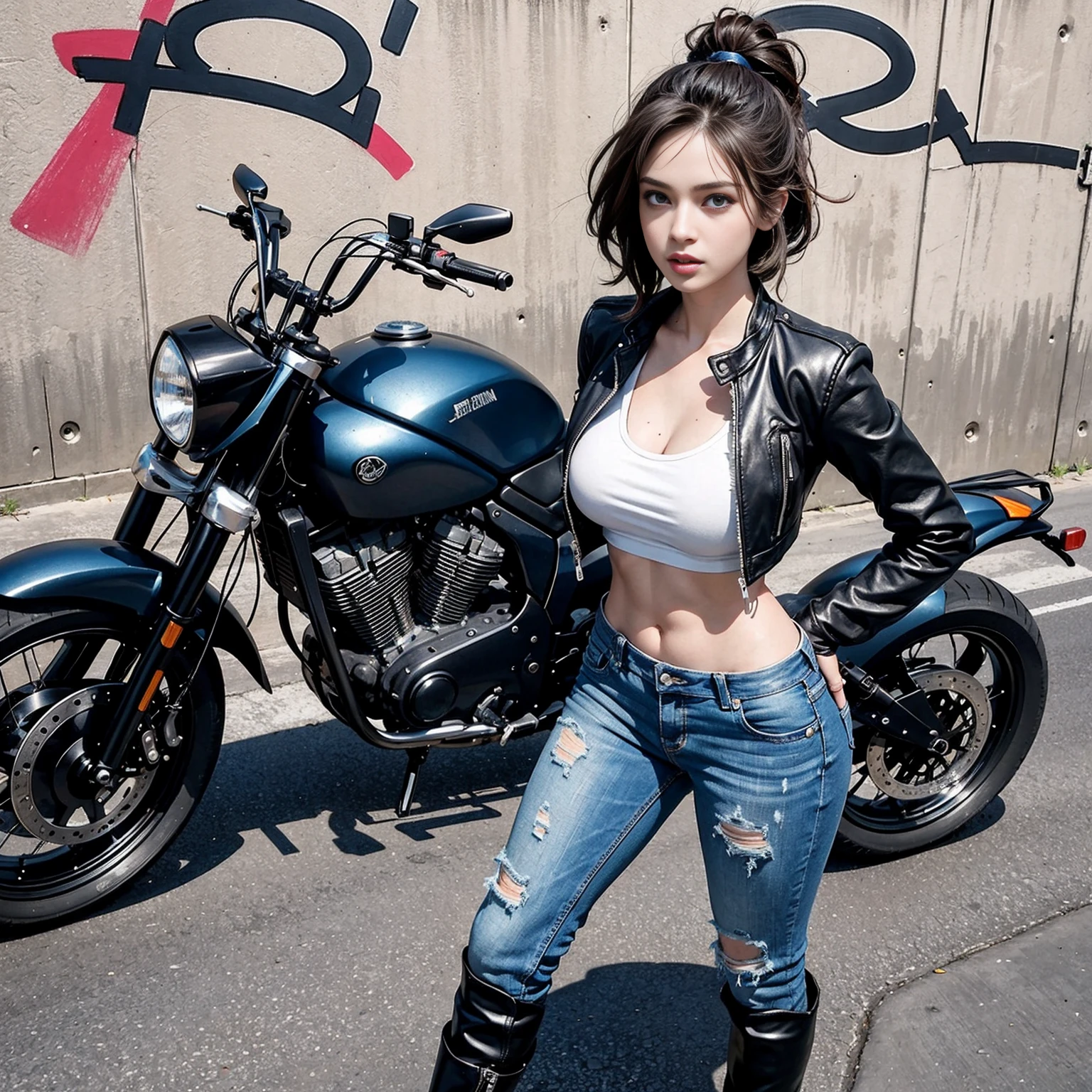 (a woman with a good figure,sexy:1.1,standing next to a motorcycle),tank top,ripped,low-waisted jeans[denim],leather jacket,beautiful detailed lips,piercing eyes,black stiletto heels,thigh-high boots,wind blowing her hair,wearing sunglasses[aviator],confident expression,smokey eye makeup,graffiti wall backdrop,urban street style,bright sunlight,high contrast lighting,vibrant colors