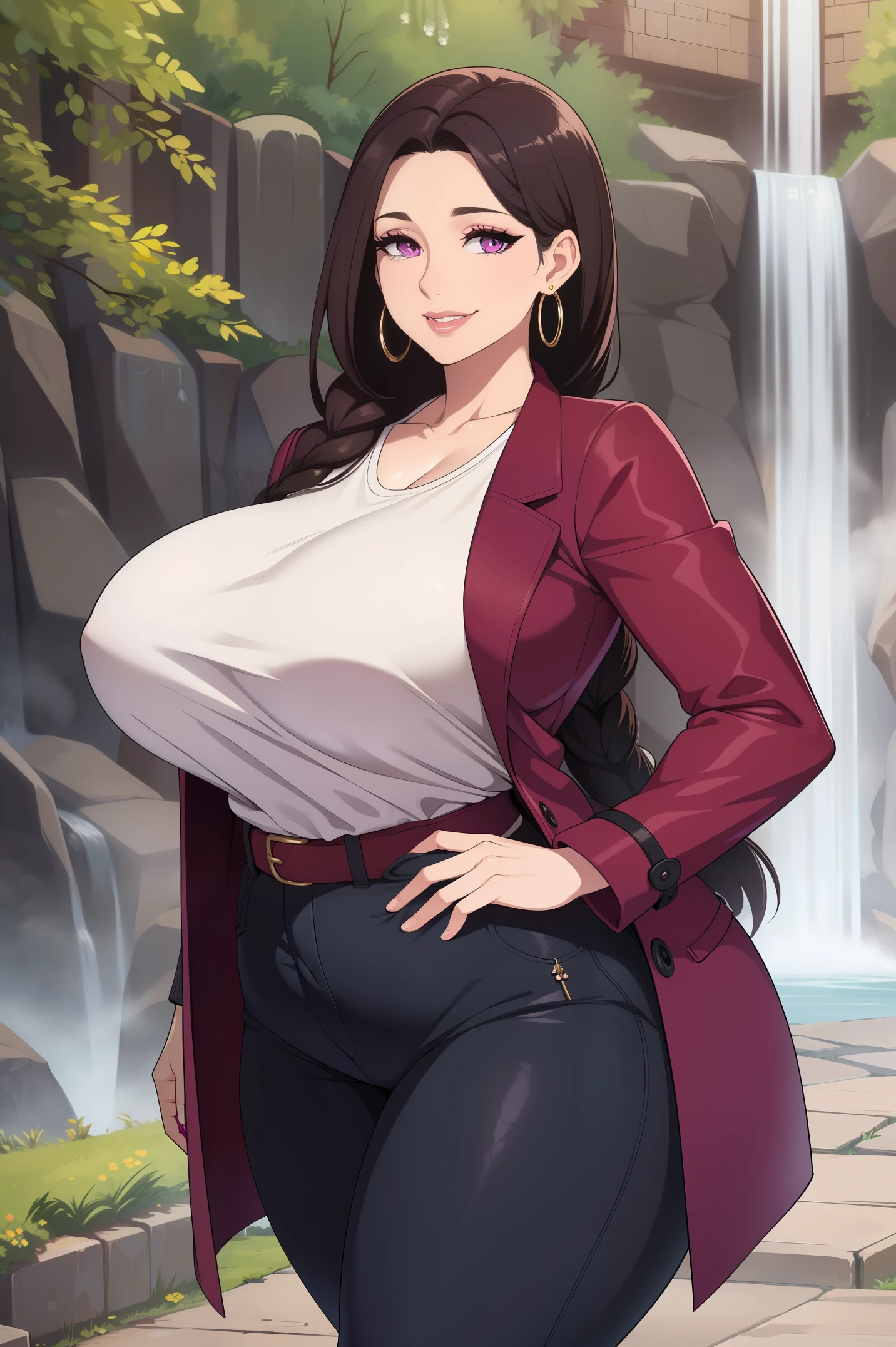 Best quality, solo mature woman, giant , giant , very , waterfall braid brunette, magenta eyes eyes, full lips, , smiling, tight long slevee shirt, tweed pants, wool coat, dangly earring, thick thighs,  physique