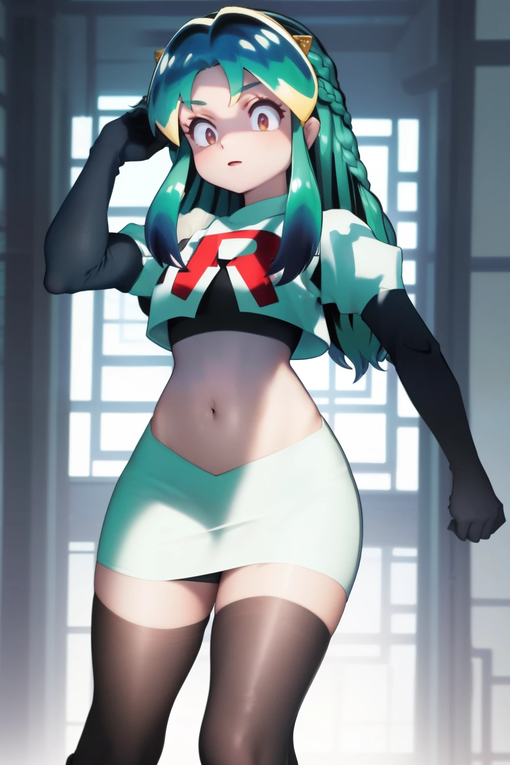 (One lady)、(​masterpiece)、(best qualtiy)、(ultra-detailliert)、(a high chroma)、(CG Illustration)、highcontrast、urusei yatsura、Ram-chan、red blush、[Demon horn:-1.3]、(Fine and beautiful eyes)、Delicate beautiful face、Ram hairstyle、((dishevled hair)),team rocket,team rocket uniform,white skirt,red letter R,crop top,black thigh-highs,black elbow gloves, cowboy shot