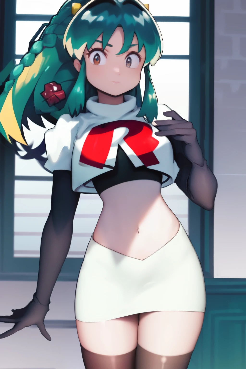 (One lady)、(​masterpiece)、(best qualtiy)、(ultra-detailliert)、(a high chroma)、(CG Illustration)、highcontrast、urusei yatsura、Ram-chan、red blush、[Demon horn:-1.3]、(Fine and beautiful eyes)、Delicate beautiful face、Ram hairstyle、((dishevled hair)),team rocket,team rocket uniform,white skirt,red letter R,crop top,black thigh-highs,black elbow gloves, cowboy shot