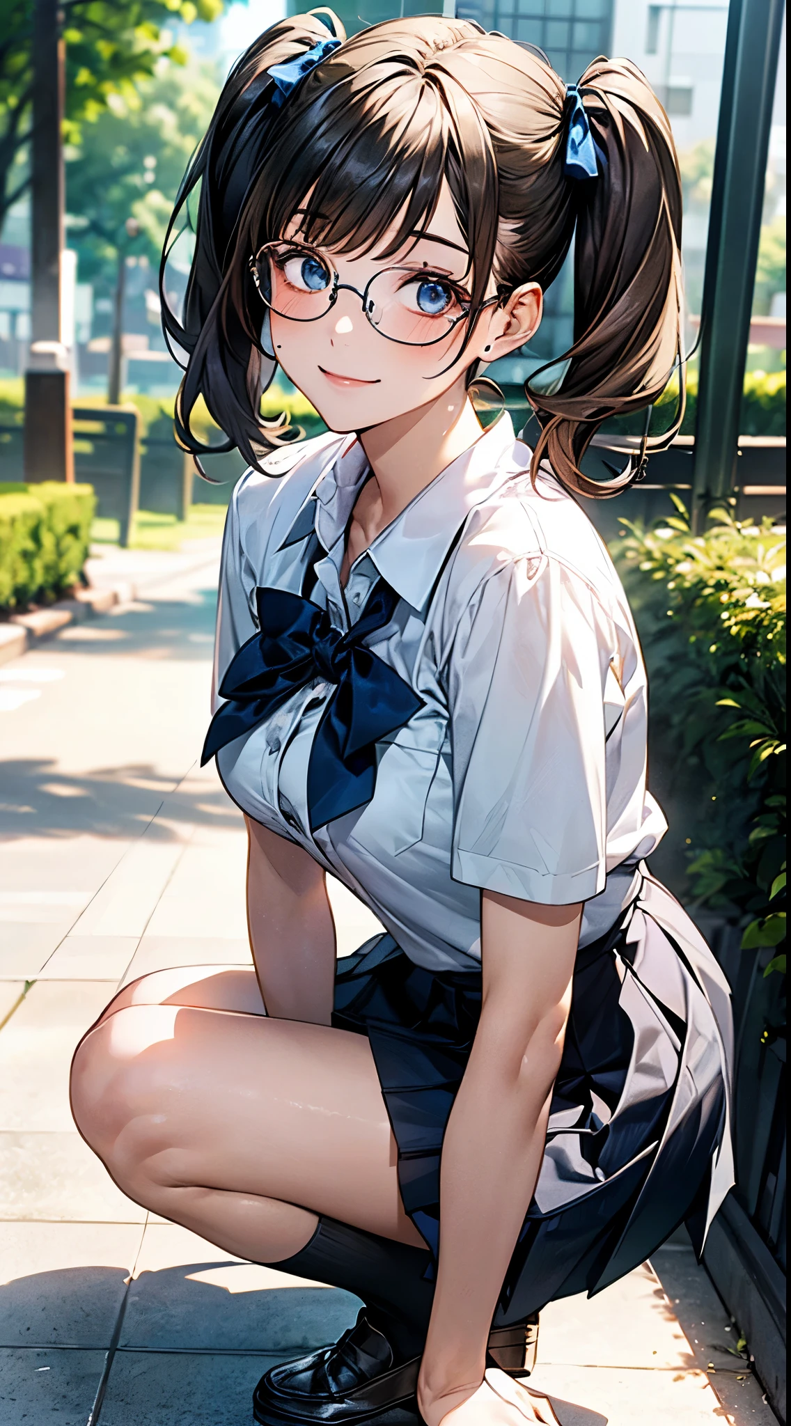 ((perfect anatomy, anatomically correct, super detailed skin)),
1 girl, japanese, , shiny skin, large breasts:0.5, front view, watching the view,
beautiful hair, beautiful face, beautiful detailed eyes, (short hair:1.5, twintails:1.7), brown hair, blue eyes, babyface, mole under eye,
((summer school uniform, white y-shirt:1.1, dark blue skirt, pleated skirt:1.1, glasses, dark blue socks, black loafers, )),
(lovely smile), squatting, fold arms,
(beautiful scenery), school, wind blowing, wind lift,
(8k, top-quality, masterpiece:1.2, extremely detailed), (photorealistic:1.2), sunlight, beautiful art, visual art, depth of fields, natural lighting,