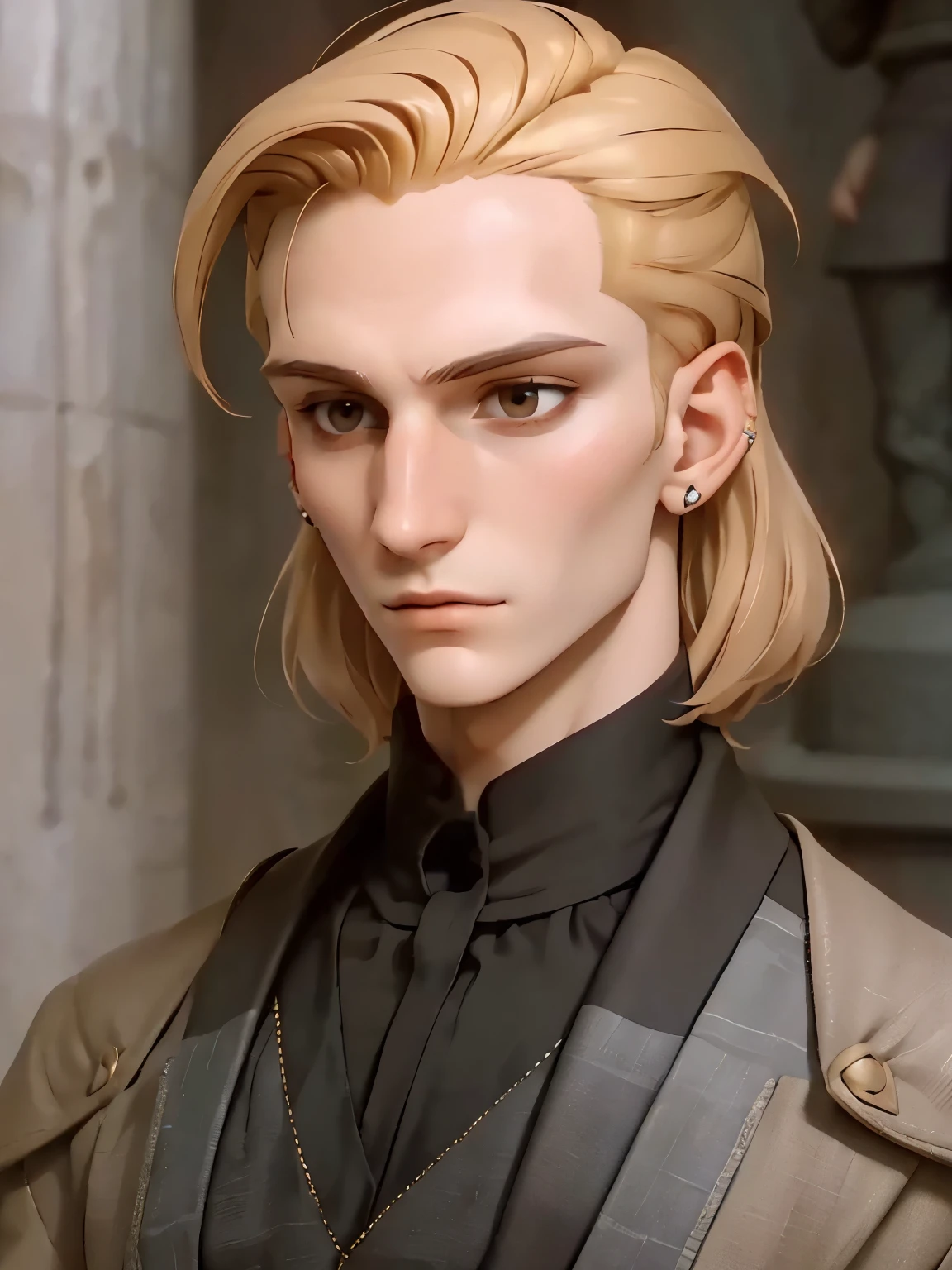Nikolai has golden hair, shaved on one side and styled on the other, brown eyes and slightly crooked nose, he has a beautiful face, "outlined by the features of a fairy-tale prince". He is described as extremely charming and handsome.