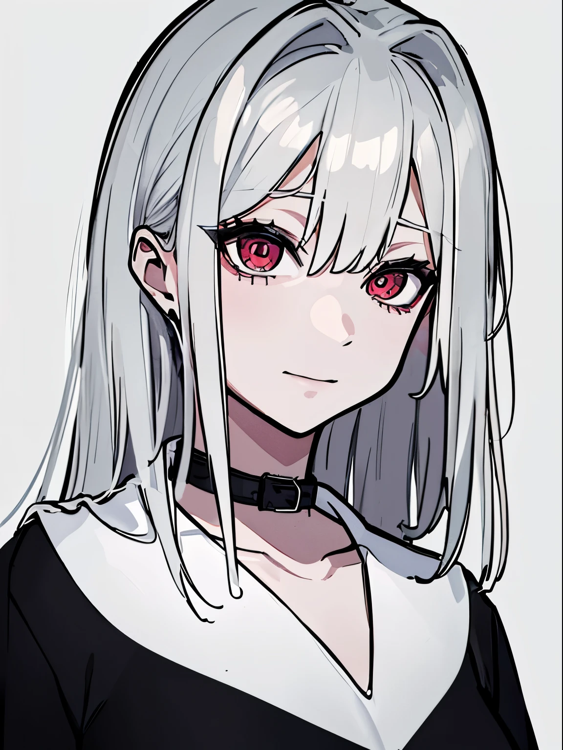 (Black and white background),Monochrome background,((Black and whiyle of painting)),(empty background),((Flat chest)),(Front Portrait), (Black and whature Women),((Microthorax)),(High cold),Hey, hey, smile,monochrome, blank stare, dead fish eyes, cool beauty,half lidded eyes, indifferent expression, black and white portrait, bored, impassive, loner,(Alone),Wispy bangs,Textured straight,Above the waist,((White Hair)),(Red Pupil),((White Shawl-Collar Dress)),Wispy bangs