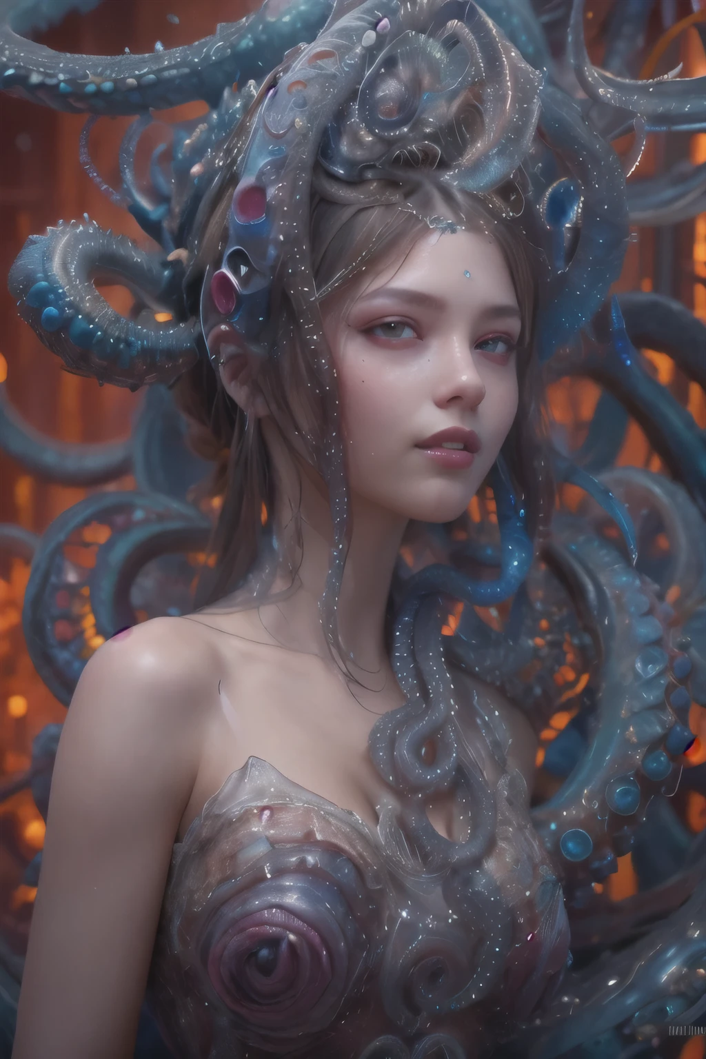 Portrait, (beautiful female alien:1.2), (she has red eyes with no pupils:1.8), (Translucent skin:1.7), (There is a female genital-like organ in the middle of the forehead:1.9), (The most beautiful face in the history of the universe:1.2),an evil gaze that seduces, (large mouth:1.1), (sharp teeth like a vampire:1.2), Full body like, (bio luminescent:1.5), (Smile wickedly:1.3), (sexypose:1.5), alien, No humans, cells are fused, (Lots of translucent tentacles:1.3) extraterrestrial, cell, bio image, Best Quality, 8K,4K_quality, High Definition, Dramatic Lighting, masutepiece:1.5,cinematic quality, detail up, (Intricate details:1.2), High resolution, High Definition, drawing faithfully, (Thick eyebrows:1.2), Beautiful eyes with fine symmetry,(Highly detailed face and eyes:1.2), Intimate face, (Super detailed skin quality feeling:1.4), Perfect Anatomy, (Beautiful toned body:1.5), (Moist skin:1.2), No makeup, (dark circles:1.1), long canines, cinematic drawing of characters, ultra high quality model, cinematic quality, detail up, (Intricate details:1.2), High resolution, High Definition, drawing faithfully, Official art, Unity 8K wall , 8K Portrait, Best Quality, Very High resolution, ultra detailed artistic photography, midnight aura, unreal enginee 5, Ultra Sharp Focus, art by alberto seveso, ArtGerm, Roisch, intricate artwork, best quality, masutepiece, ultra High resolution, (photos realistic:1.4), Ultra-realistic realism, dream-like, nautilus, Creation of fantasy, Snail, Dream Snail, biopunk nautilus, Thrilling color schemes, Ultra-realistic realism, seductively smiling, Blue tentacles,