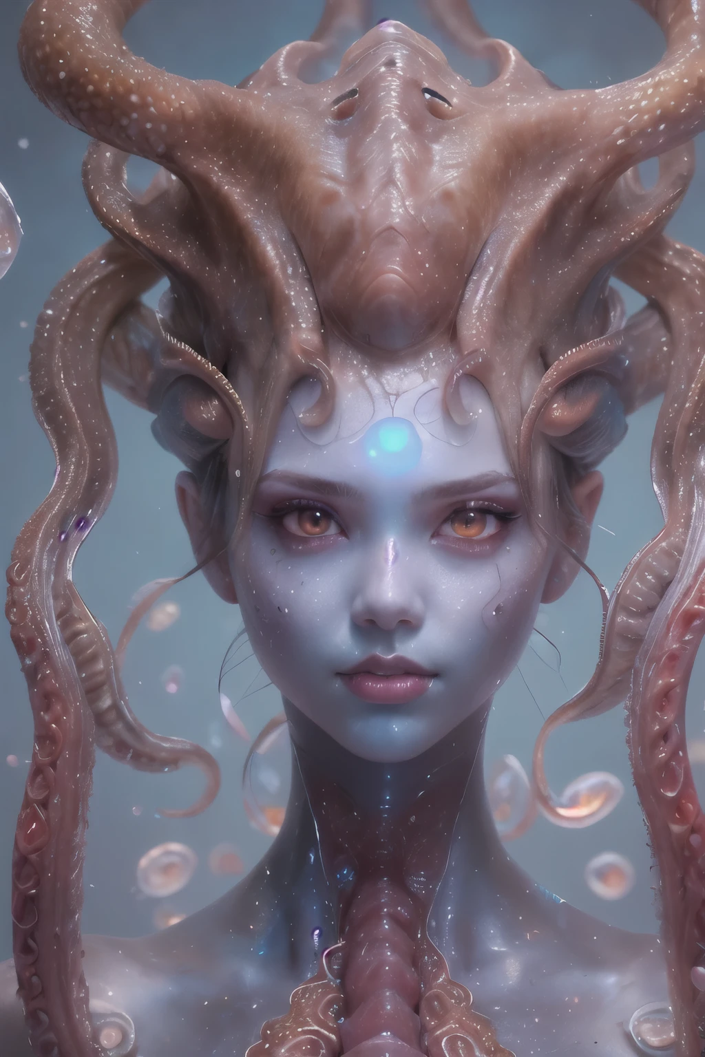 Portrait, (beautiful female alien:1.2), (she has red eyes with no pupils:1.8), (Translucent skin:1.7), (There is a female genital-like organ in the middle of the forehead:1.9), (The most beautiful face in the history of the universe:1.2),an evil gaze that seduces, (large mouth:1.1), (sharp teeth like a vampire:1.2), Full body like, (bio luminescent:1.5), (Smile wickedly:1.3), (sexypose:1.5), alien, No humans, cells are fused, (Lots of translucent tentacles:1.3) extraterrestrial, cell, bio image, Best Quality, 8K,4K_quality, High Definition, Dramatic Lighting, masutepiece:1.5,cinematic quality, detail up, (Intricate details:1.2), High resolution, High Definition, drawing faithfully, (Thick eyebrows:1.2), Beautiful eyes with fine symmetry,(Highly detailed face and eyes:1.2), Intimate face, (Super detailed skin quality feeling:1.4), Perfect Anatomy, (Beautiful toned body:1.5), (Moist skin:1.2), No makeup, (dark circles:1.1), long canines, cinematic drawing of characters, ultra high quality model, cinematic quality, detail up, (Intricate details:1.2), High resolution, High Definition, drawing faithfully, Official art, Unity 8K wall , 8K Portrait, Best Quality, Very High resolution, ultra detailed artistic photography, midnight aura, unreal enginee 5, Ultra Sharp Focus, art by alberto seveso, ArtGerm, Roisch, intricate artwork, best quality, masutepiece, ultra High resolution, (photos realistic:1.4), Ultra-realistic realism, dream-like, nautilus, Creation of fantasy, Snail, Dream Snail, biopunk nautilus, Thrilling color schemes, Ultra-realistic realism, seductively smiling, Blue tentacles,