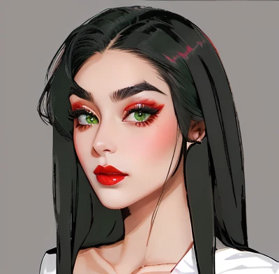 eyelaner , green eyes , ,black shiny long hair, shiny red blush, arch black long eyebrows , red lipstick