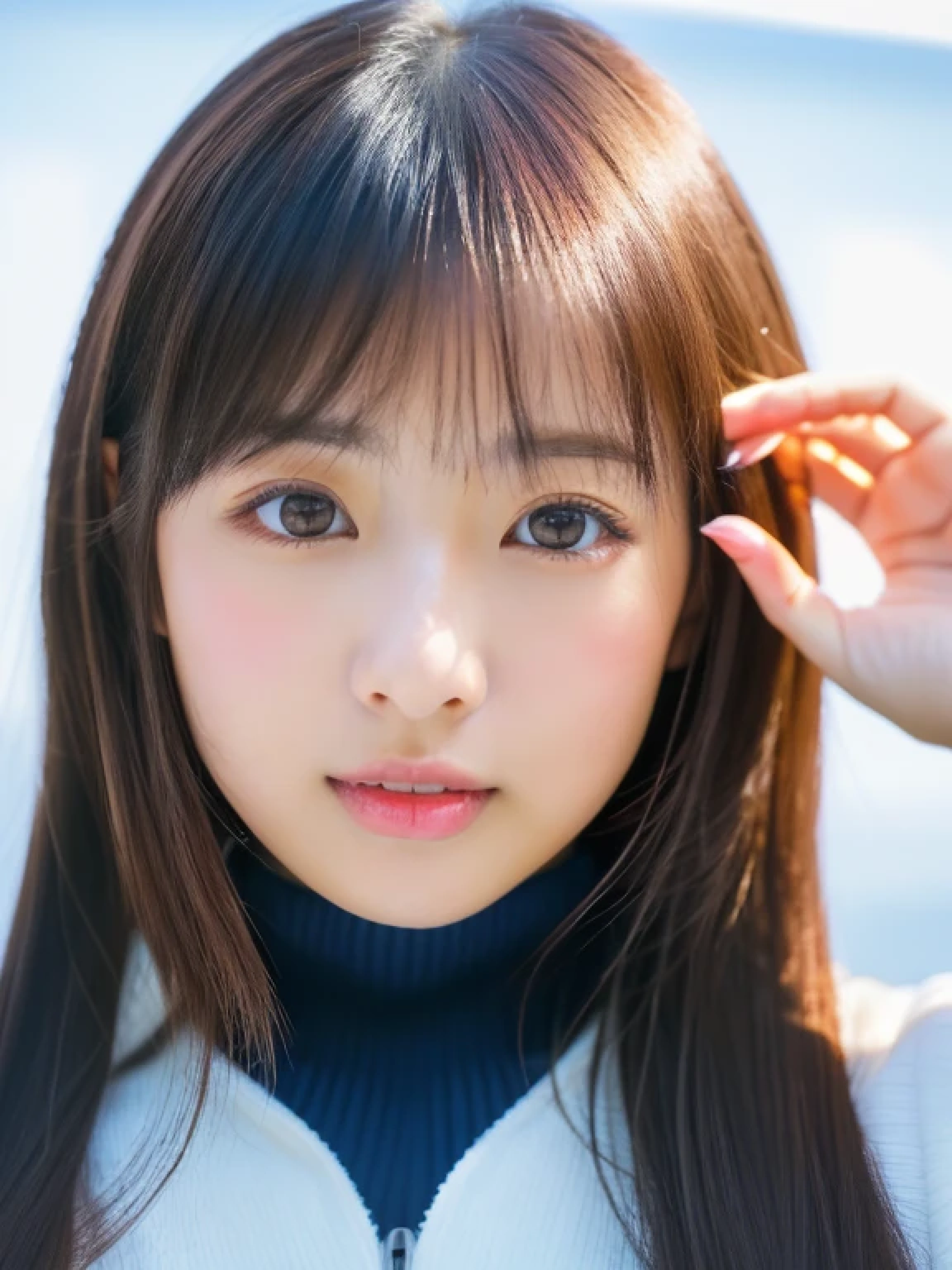 ((cute little日本の女の子、Beautiful japanese girl、1 girl in、Unclear、age19、poneyTail、Highly detailed facial and skin texture、refinement、hyperdetailed face、ultradetailed eyes、blusher、blush、teak、ピンクのteakを塗った頬、close-up of woman、bustup、frontageを向いている顔、frontageを向いている体、Looking at the camera、frontage、cute little、smooth white skin、Transparent skin texture、))、(dark brown hair、bangss)、Beautiful Women in Perfect Style:1.4、Japanese Models、Young gravure idols、若いcute littleグラビアアイドル、Realistic Young Gravure Idol、refinementされたグラビアアイドル、((top-quality、in 8K、masterpiece:1.3、1Photo))、(4K、RAW Photography、top-quality)、(reallistic、フォトreallistic:1.37)、Place a person on the other side of the screen、natural soft light、upper body and head、