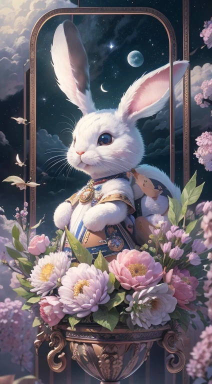 (Best quality at best,4K,8K,A high resolution,tmasterpiece:1.2),ultra - detailed,Yamazawa, themoon, clouds, natta,smart rabbit, Standing on the roof, jewely, Traditional media, fresh flowers, high high quality,