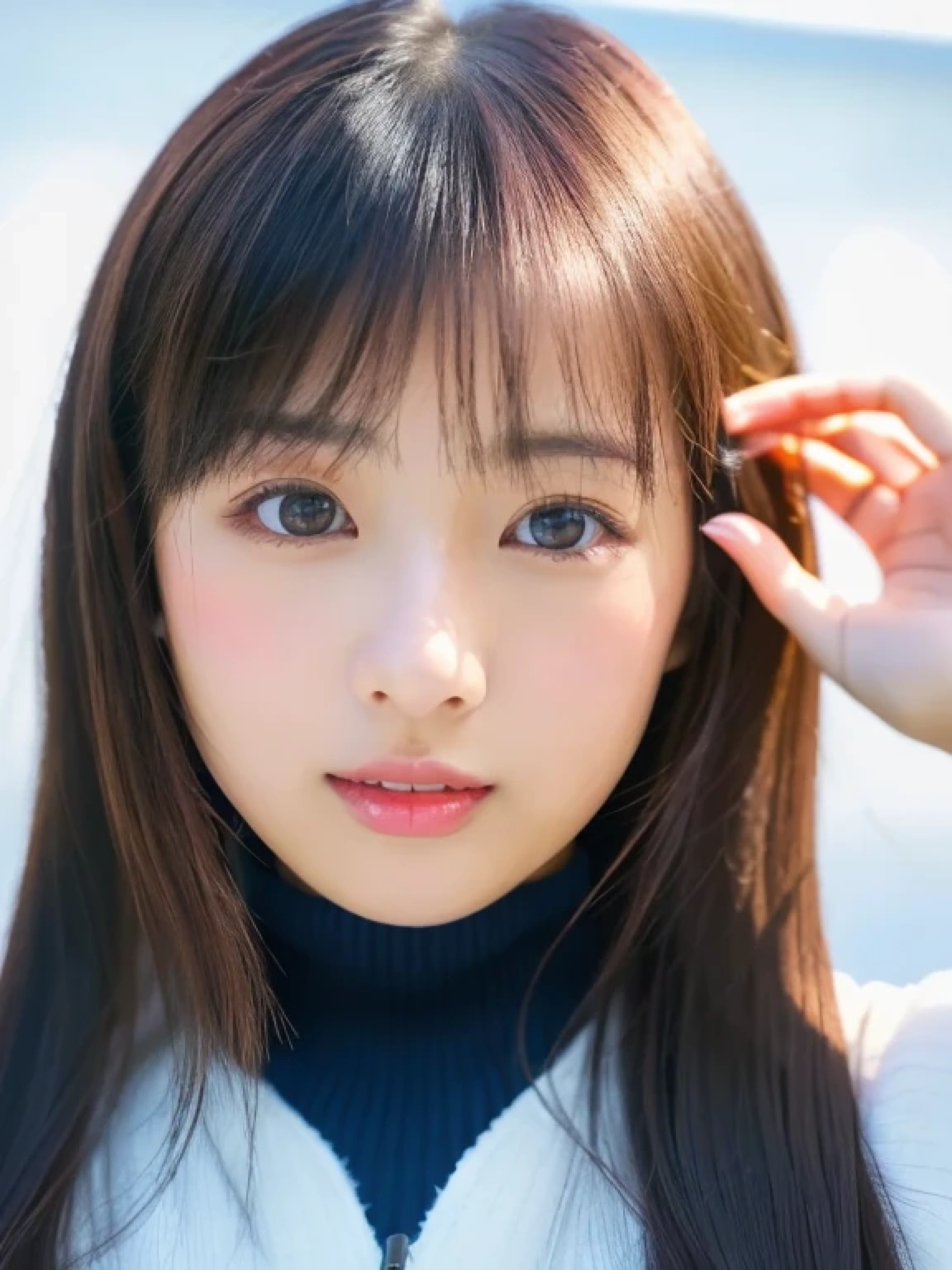 ((cute little日本の女の子、Beautiful japanese girl、1 girl in、Unclear、age19、poneyTail、Highly detailed facial and skin texture、refinement、hyperdetailed face、ultradetailed eyes、blusher、blush、teak、ピンクのteakを塗った頬、close-up of woman、bustup、frontageを向いている顔、frontageを向いている体、Looking at the camera、frontage、cute little、smooth white skin、Transparent skin texture、))、(dark brown hair、bangss)、Beautiful Women in Perfect Style:1.4、Japanese Models、Young gravure idols、若いcute littleグラビアアイドル、Realistic Young Gravure Idol、refinementされたグラビアアイドル、((top-quality、in 8K、masterpiece:1.3、1Photo))、(4K、RAW Photography、top-quality)、(reallistic、フォトreallistic:1.37)、Place a person on the other side of the screen、natural soft light、upper body and head、