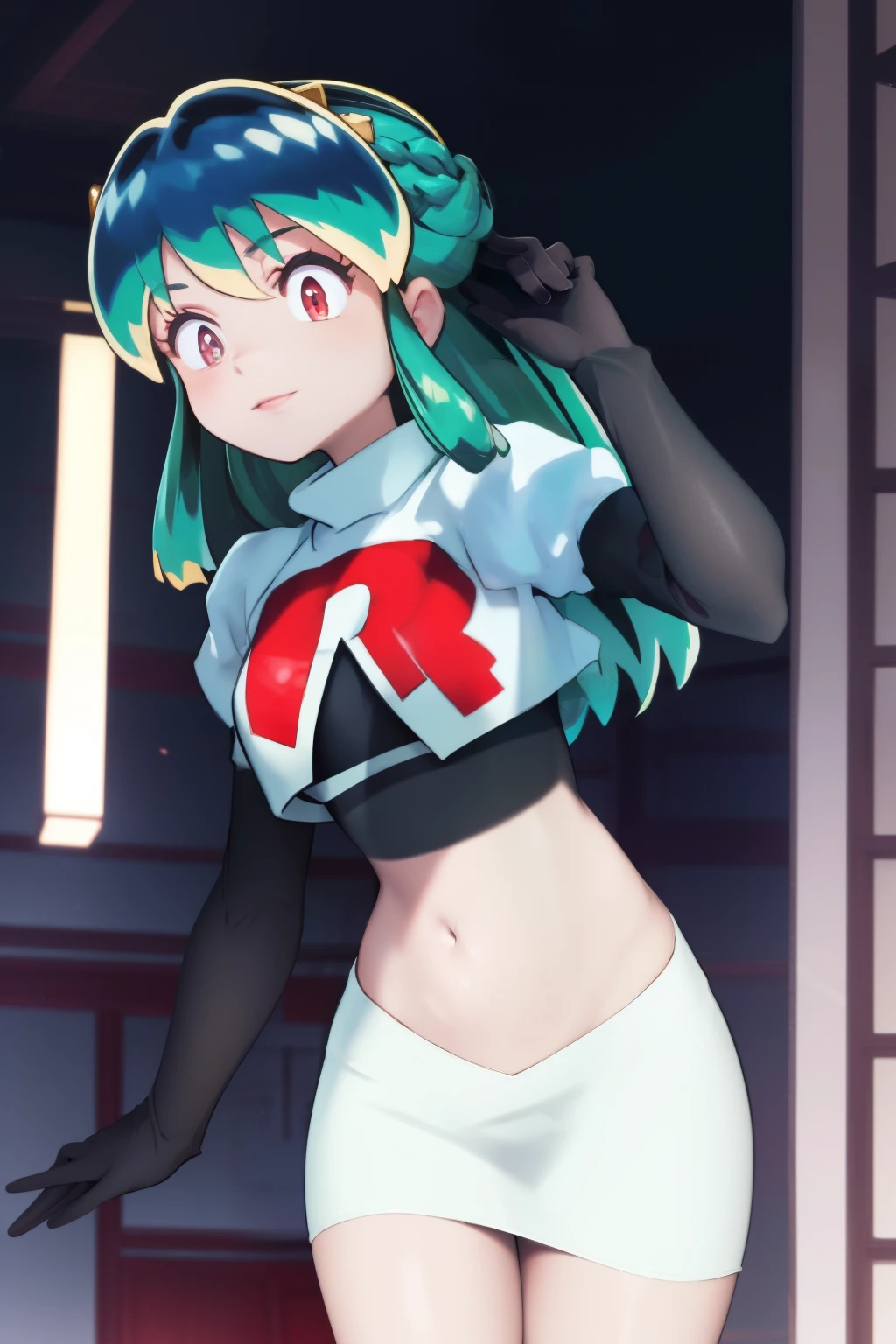 (One lady)、(​masterpiece)、(best qualtiy)、(ultra-detailliert)、(a high chroma)、(CG Illustration)、highcontrast、urusei yatsura、Ram-chan、red blush、[Demon horn:-1.3]、(Fine and beautiful eyes)、Delicate beautiful face、Ram hairstyle、((dishevled hair)),team rocket,team rocket uniform,white skirt,red letter R,crop top,black thigh-highs,black elbow gloves, cowboy shot