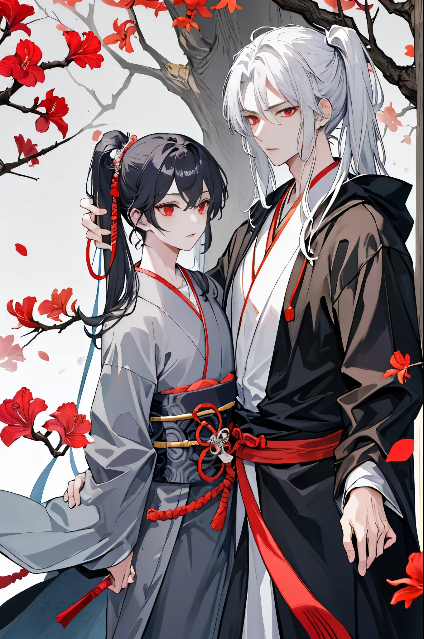 tmasterpiece,need,of a guy,Chinese style,Chinese Ancient Times,White hair,Super deep red eyes,split ends,Long gray hair,With long bangs,high ponytails,Handsome,Masculine,gentleness,Otaka,A piece of tranquility,dark gray robe,allure,tree branch,amaryllis, Young person,Stable expression,