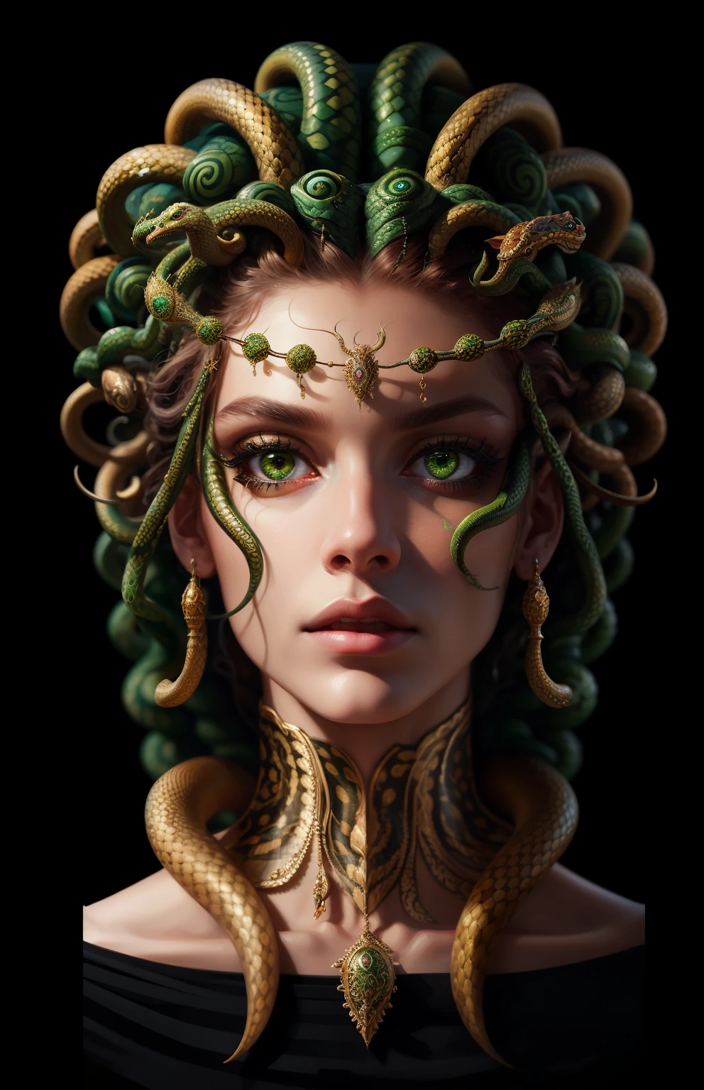 ((best quality)), ((masterpiece)), ((realistic)), Medusa, full body, the hair is composed of countless small snakes, green eyes, female face, metal carved top, royal aura, trend on artstation , sharp focus, studio photo, intricate detail, very detailed, detailed eye, illustration, very detailed, sharp focus, digital render, professional, 4k