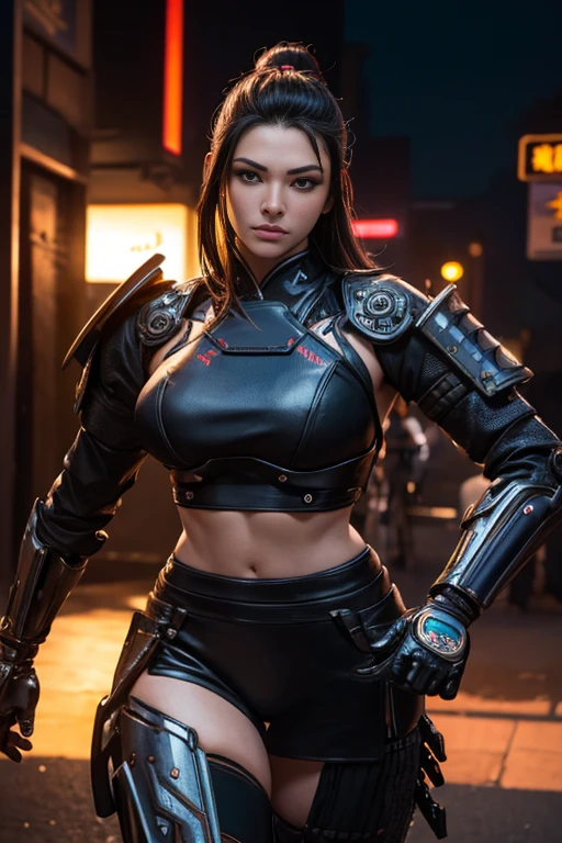 Beautiful Alluring Cyberpunk Samurai, pele nua, Well-toned athletic body, forma elegante, pele nua, Fora no Neon Palace, mal vestido, Beautiful Face, Smaurai-inspired bikini armor, mechanical limbs, Robotic parts on display, pele cromada, shiny neon pieces, japanese theme, tema cyberpunk, fiverr dnd personagem, octan render, arte digital, Detalhe extremo, 4k, Ultra HD |, polido, Beautiful, hiperdetalhado, intrincado, elaborar, meticuloso, fotorrealista, foco nítido, WLOP, design de personagens, Motor irreal, Volumetric lighting, reflexions, glossy, digital illustation,  Posar, Suggestive Posar, lascivo, tiro de corpo inteiro, nu, Visible, detailed perfect hands