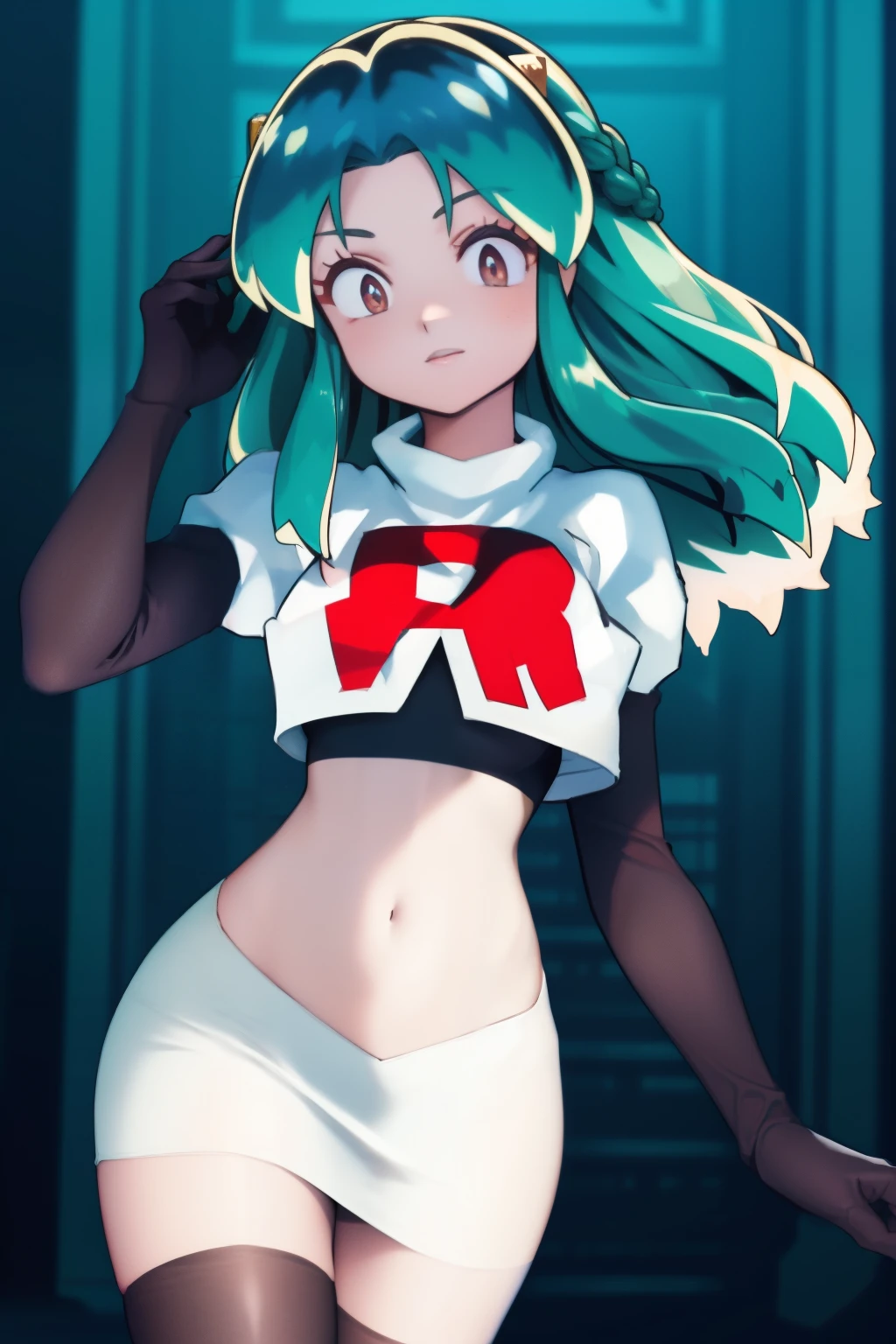 (One lady)、(​masterpiece)、(best qualtiy)、(ultra-detailliert)、(a high chroma)、(CG Illustration)、highcontrast、urusei yatsura、Ram-chan、red blush、[Demon horn:-1.3]、(Fine and beautiful eyes)、Delicate beautiful face、Ram hairstyle、((dishevled hair)),team rocket,team rocket uniform,white skirt,red letter R,crop top,black thigh-highs,black elbow gloves, cowboy shot