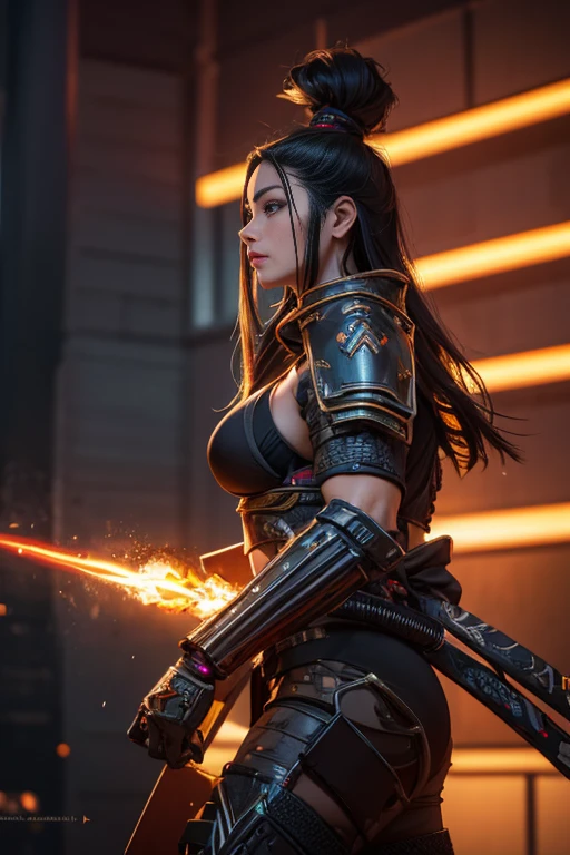 Beautiful Alluring Cyberpunk Samurai, pele nua, Well-toned athletic body, forma elegante, pele nua, Fora no Neon Palace, mal vestido, Beautiful Face, Smaurai-inspired bikini armor, mechanical limbs, Robotic parts on display, pele cromada, shiny neon pieces, japanese theme, tema cyberpunk, fiverr dnd personagem, octan render, arte digital, Detalhe extremo, 4k, Ultra HD |, polido, Beautiful, hiperdetalhado, intrincado, elaborar, meticuloso, fotorrealista, foco nítido, WLOP, design de personagens, Motor irreal, Volumetric lighting, reflexions, glossy, digital illustation, Posar, Suggestive Posar, lascivo, tiro de corpo inteiro, nu, Visible, detailed perfect hands