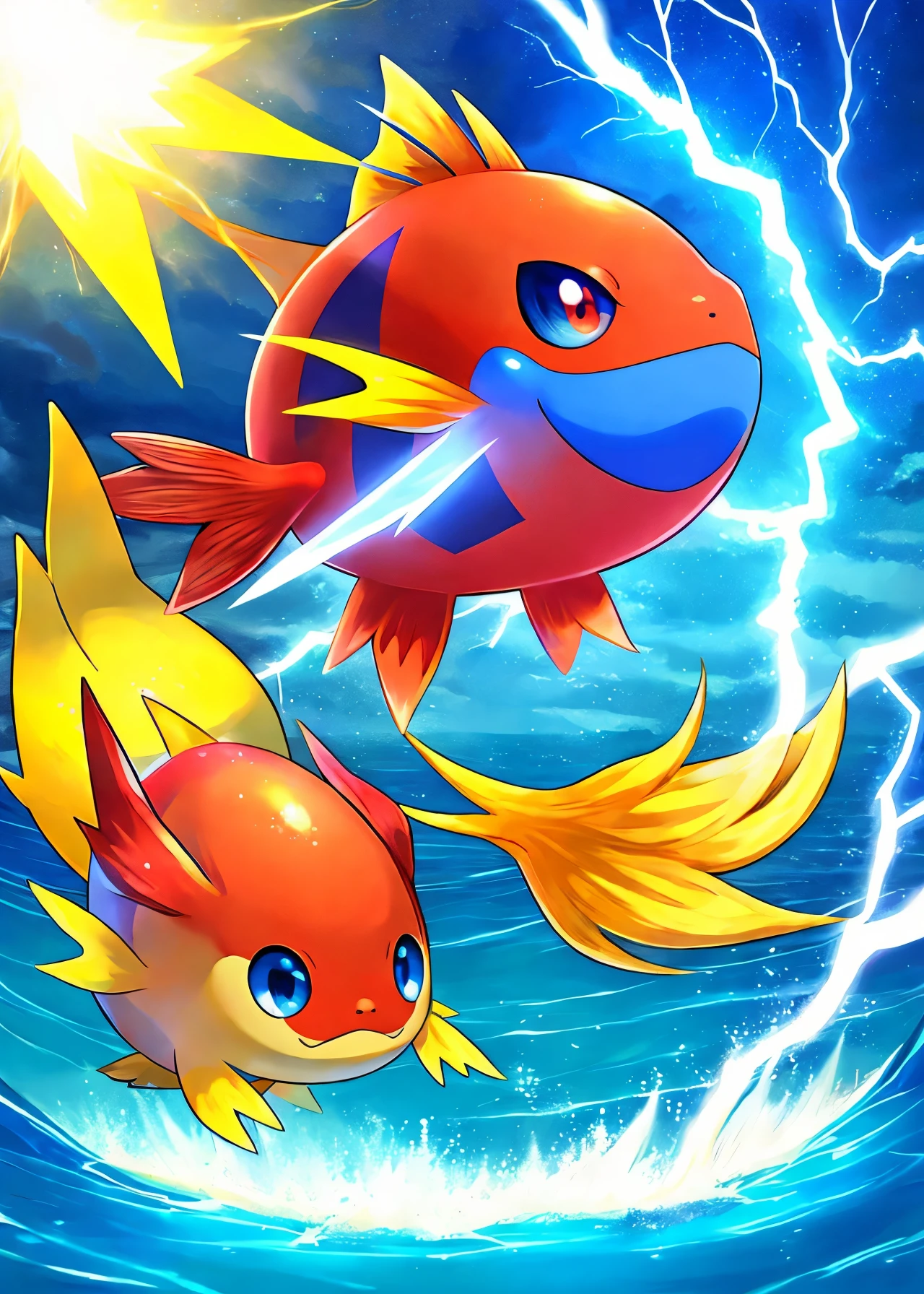 Fusion of Pokemon Magikarp and Thunder、Please draw a new cool Pokemon。Makes you feel the power of water and lightning、Incorporate your unique characteristics。The colors are also vivid、We are looking forward to a design that is full of charm as a companion on a new adventure.。