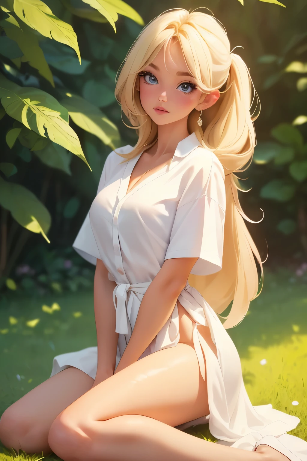 ((Front view shot)), ((A very cute girl sitting on the floor, And wear a white silk extremely micro string, a loincloth of white silk string, in a beautiful park)), ((A smug look)), ((Wearing a white silk V-neck shirt: 1.5)), ( :1.4), wearing white wet, 8K, RAW photogr, (highlydetailed skin:1.2), photography of, tmasterpiece, Best quality at best, (A beautiful white girl，With beautiful gorgeous light blonde hair, white skinned, beautiful soft