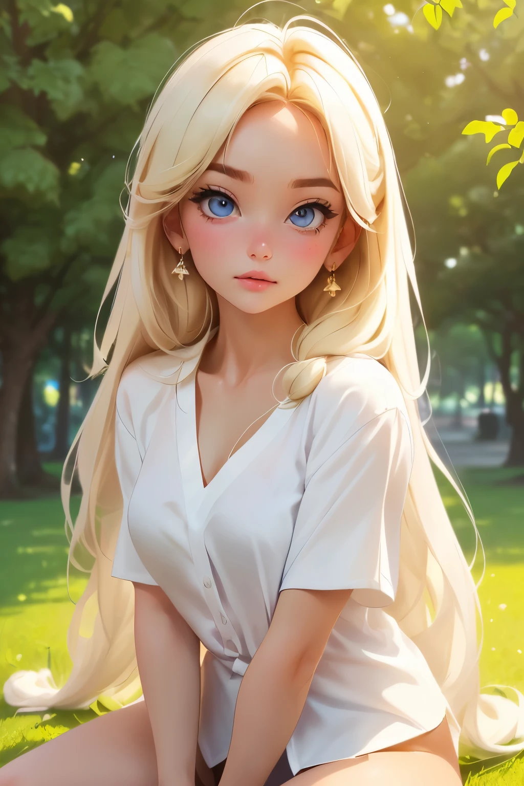((Front view shot)), ((A very cute girl sitting on the floor, And wear a white silk extremely micro string, a loincloth of white silk string, in a beautiful park)), ((A smug look)), ((Wearing a white silk V-neck shirt: 1.5)), ( :1.4), wearing white wet, 8K, RAW photogr, (highlydetailed skin:1.2), photography of, tmasterpiece, Best quality at best, (A beautiful white girl,With beautiful gorgeous light blonde hair, white skinned, beautiful soft