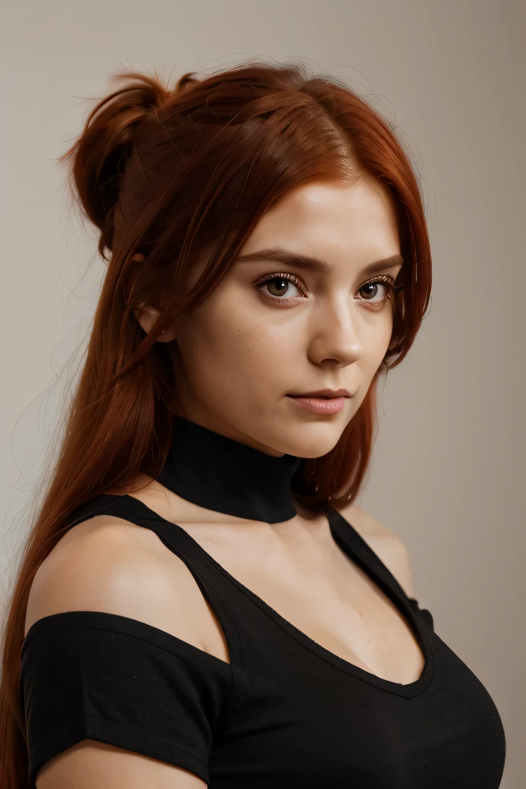 a female mentor with red hair and a black top posing for a picture, long hair and large eyes, headshot profile picture, professional picture, close up, photo realistic