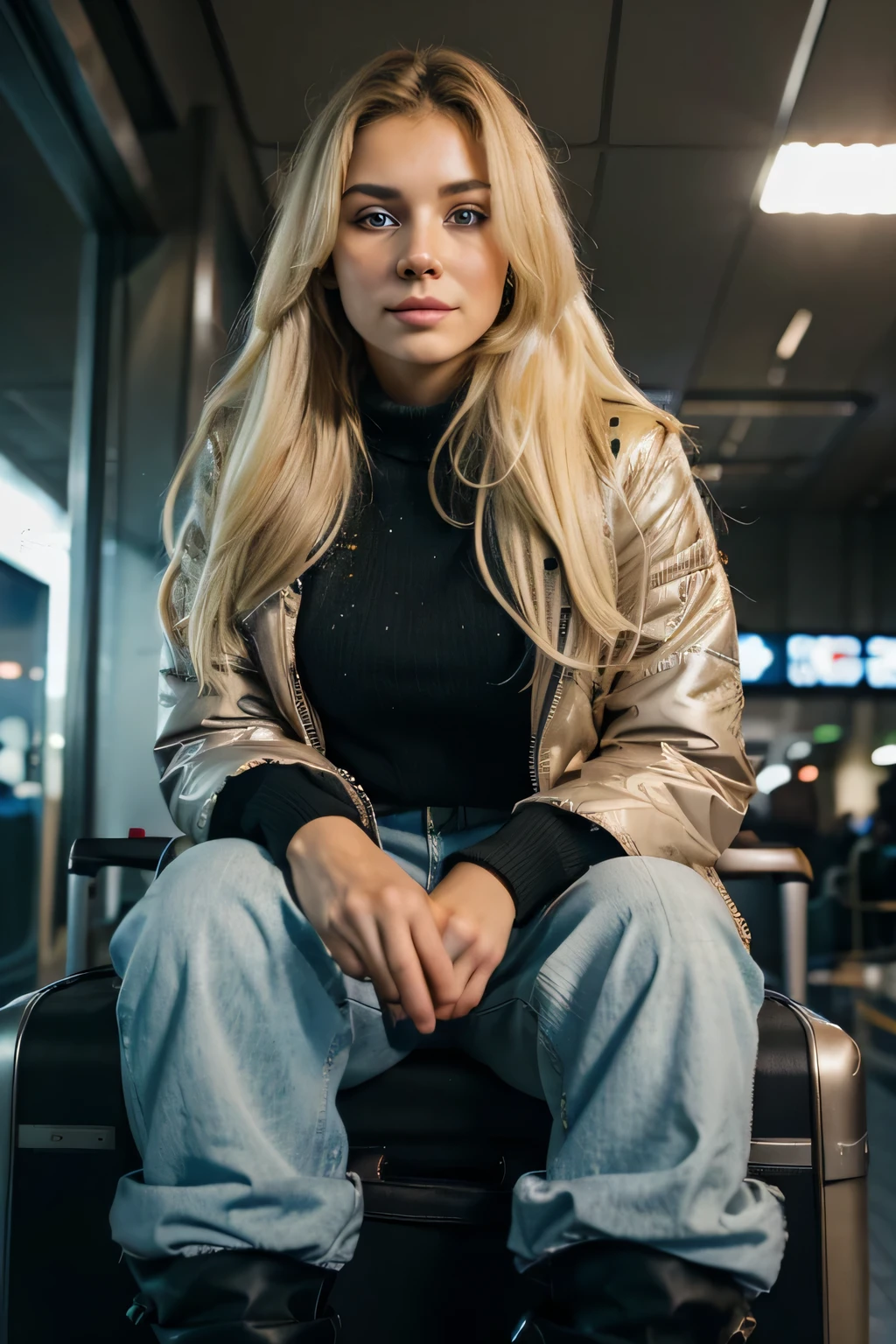 picture of a 24-year-old stunning blonde woman with blue eyes sitting at the airport terminal holding passport in hand, suitcase is placed next to her, there are people in the background, she is wearing a long puffer winter jacket, winter pants and thick winter boots , she is having a very happy and excited expression on her face; RAW UHD, details (textures! , hair! , glitter, color!! , disadvantages: 1.1), glossy eyes with high detail (looking at the camera), SLR lighting, SLR camera, ultra-quality, sharpness, depth of field, film grain (center), Fujifilm XT3, crystal clear, frame center, beautiful face, sharp focus, detailed skin pores, no makeup, show real skin not too glossy, hyperrealistic; complex eye details, very long and very blonde hair,