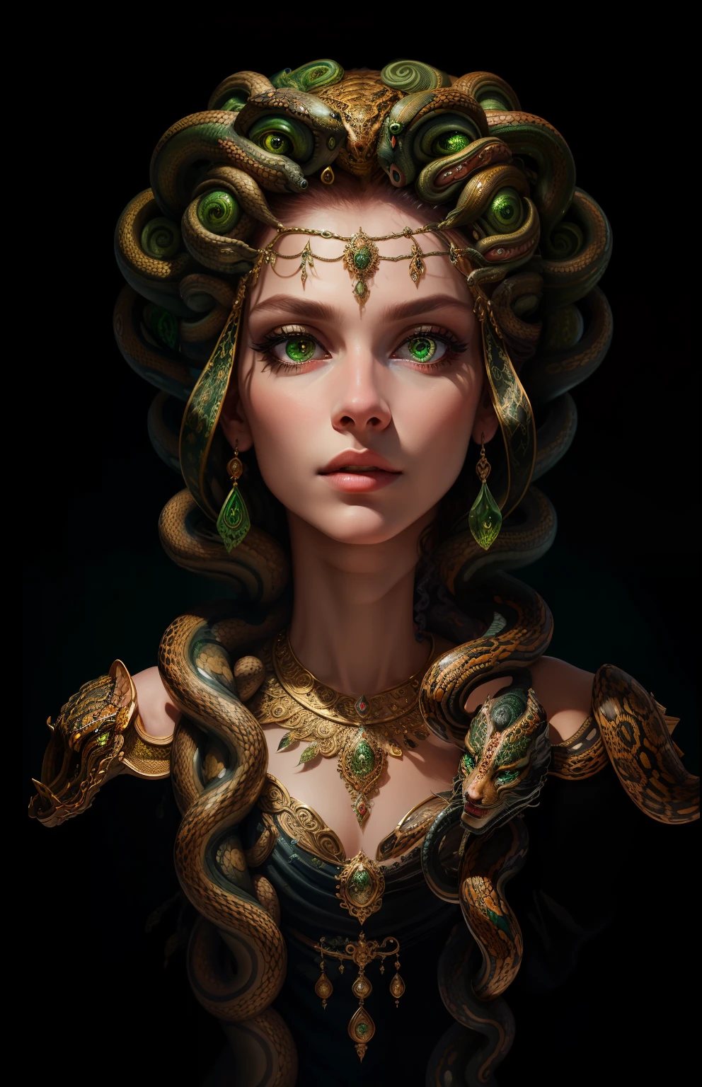 ((best quality)), ((masterpiece)), ((realistic)), Medusa, full body, the hair is composed of countless small snakes, green eyes, female face, metal carved top, royal aura, trend on artstation , sharp focus, studio photo, intricate detail, very detailed, detailed eye, illustration, very detailed, sharp focus, digital render, professional, 4k