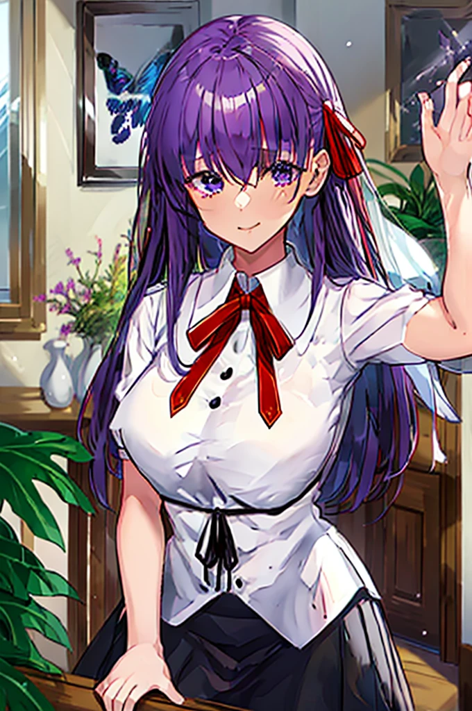 1 girl, best quality, masterpiece, high resolution, solo, HD resolution, best quality, good quality, {matou_sakura_fatestaynightufotable:1.15}, purple_hair, long_hair, ribbon, hair_ribbon, purple_eyes, red_ribbon, 1 girl, purple skirt, skirt, purple miniskirt, thighs beautiful, white blouse, white shirt, big breasts, long_hair, empty_eyes