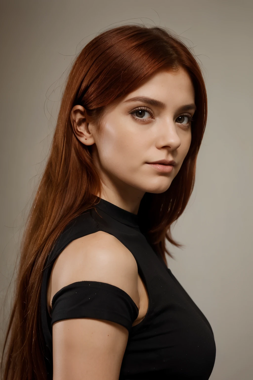 a female mentor with red hair and a black top posing for a picture, long hair and large eyes, headshot profile picture, professional picture, close up, photo realistic