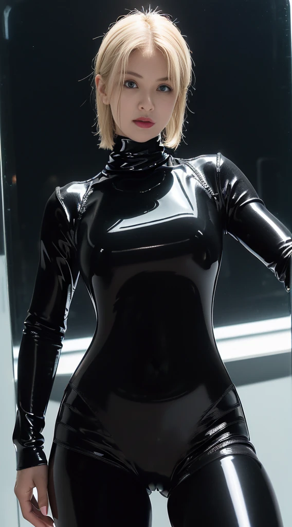 ((black tkeme)),((Pitch darkness)), deep in the night,(Glass-smooth turtleneck black enamel bodysuit:1.4),(Glossy:1.5),(Slick:1,4),(Luster:1.4), (Reflections on enamel bodysuit:1.4), pale skin, Blonde hair, (Large breasts, big hips), Look at viewers, Short hair, ((There is a lot of light reflection from the bodysuit.))